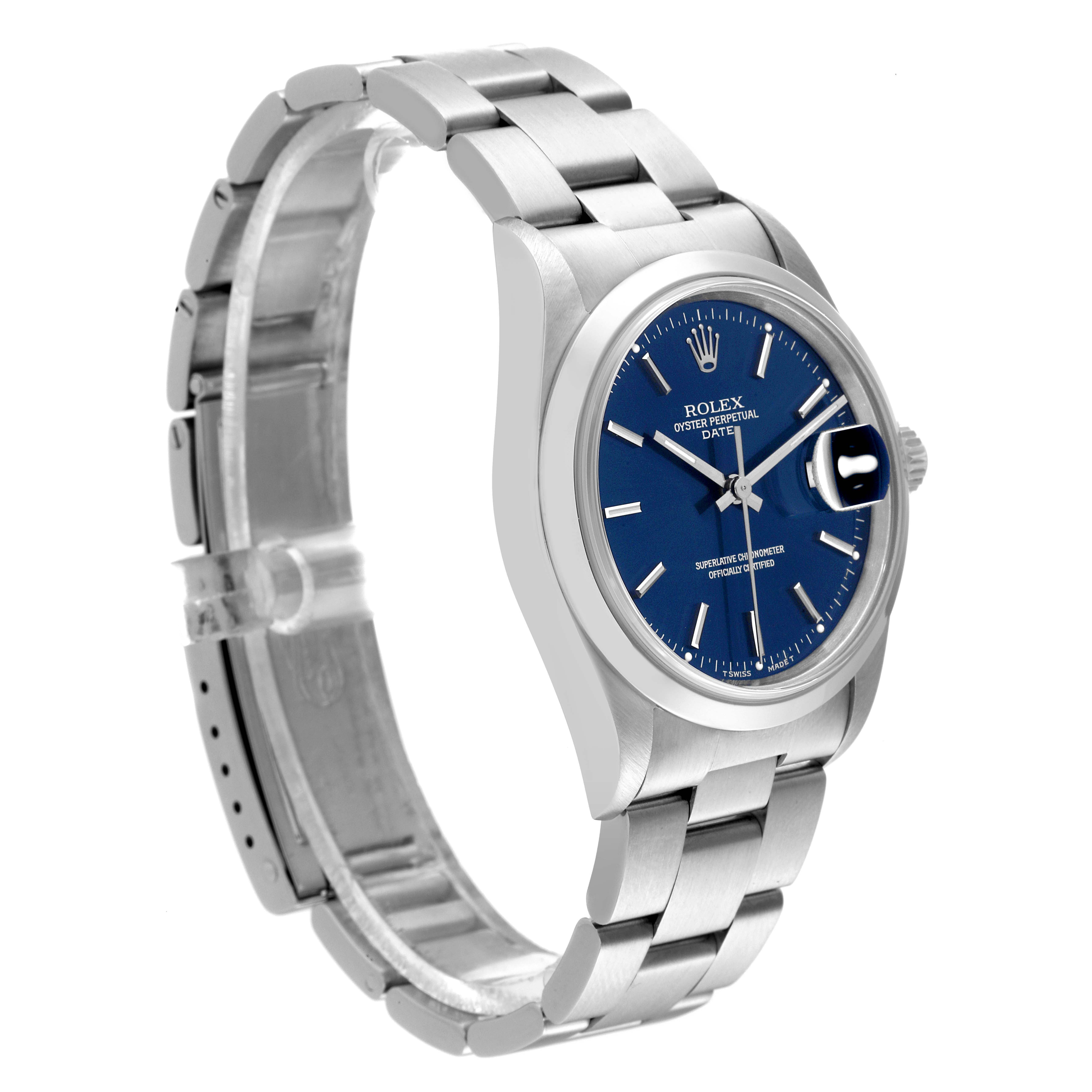 The image shows a Rolex Date 15200 Men's Stainless Steel Blue Dial 15200 Men's Stainless Steel Blue Dial watch at a three-quarter angle, highlighting the blue dial, bracelet, and side profile.