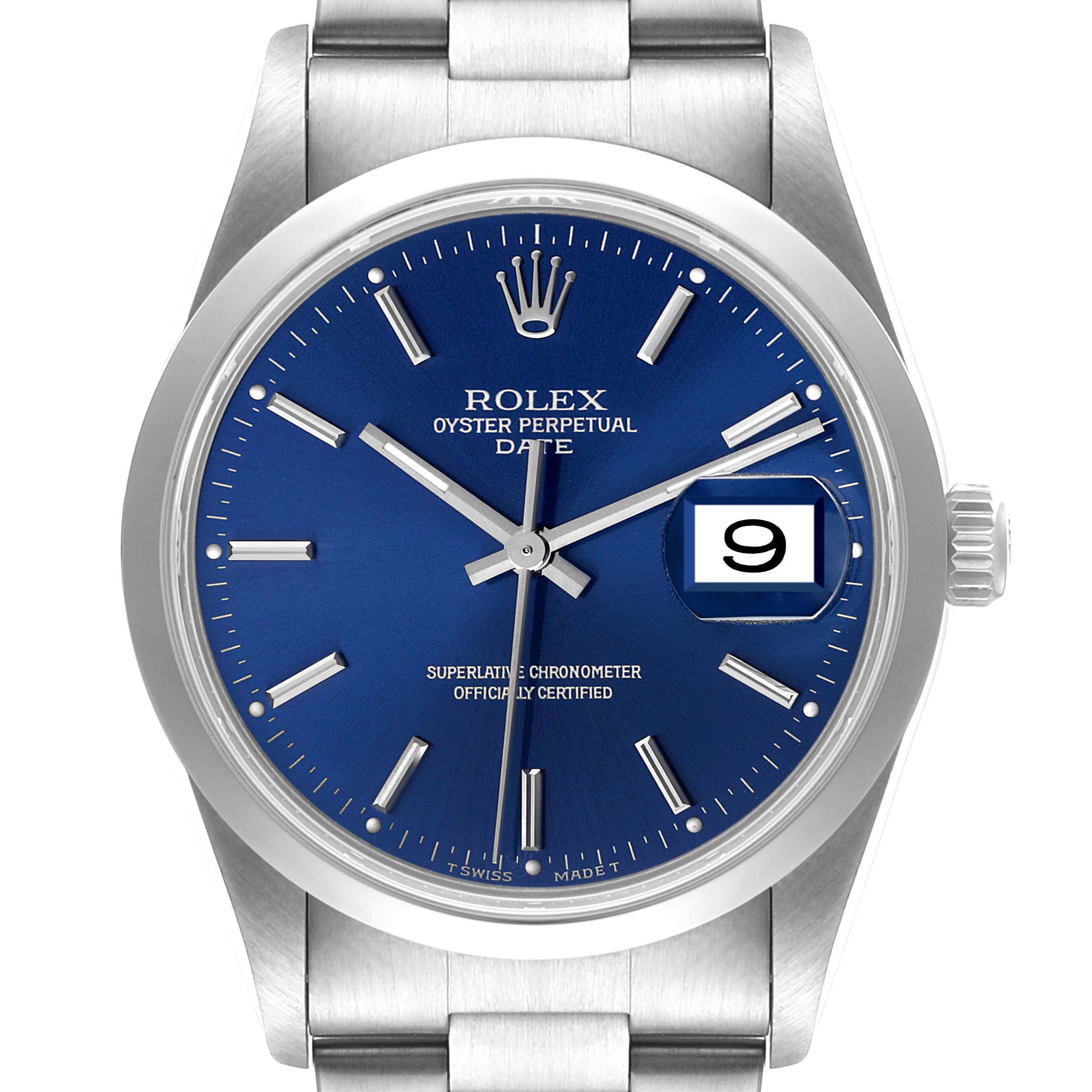 This image shows a Rolex Date 15200 Men's Stainless Steel Blue Dial 15200 Men's Stainless Steel Blue Dial model watch with a blue dial, silver hour markers, and a date window at the 3 o'clock position.