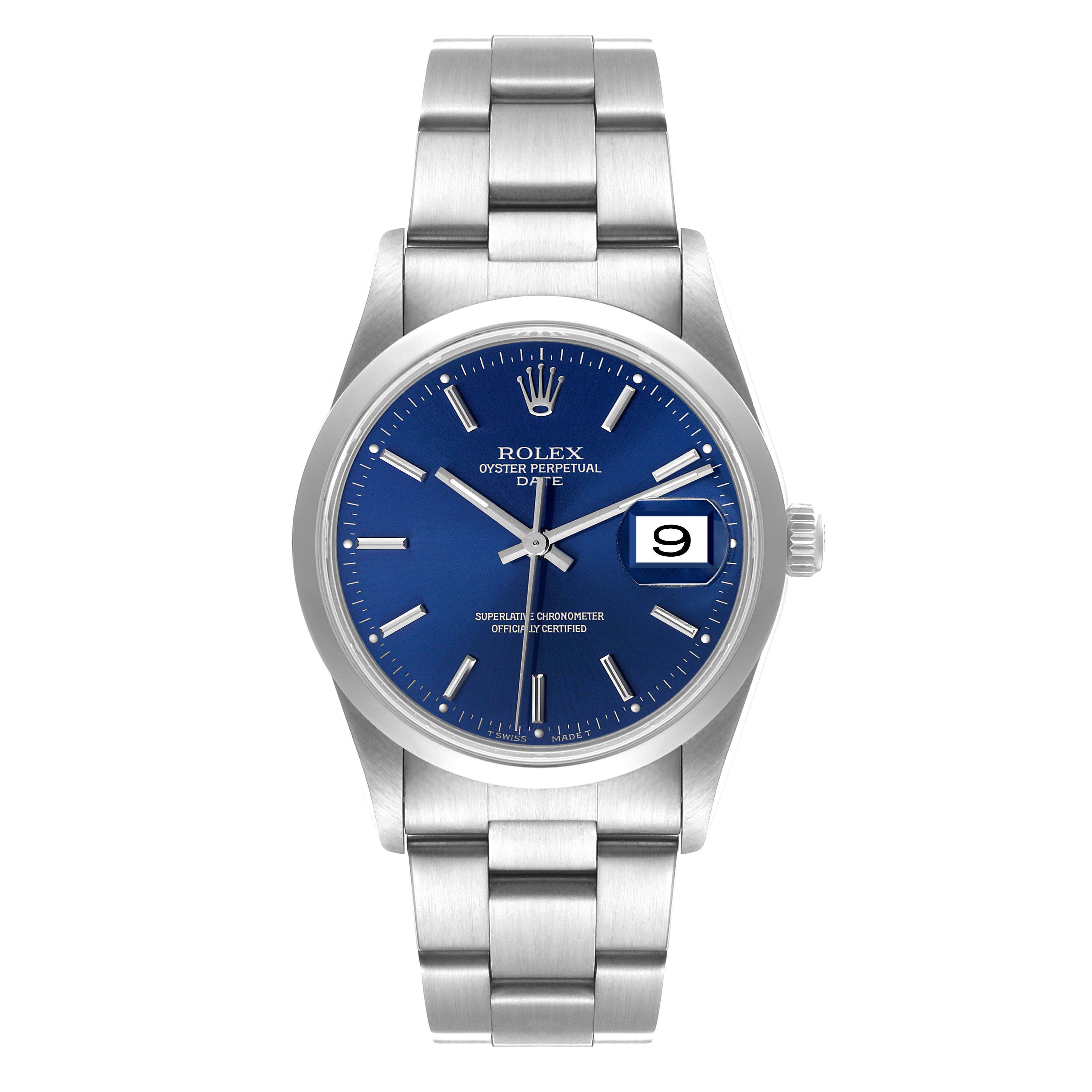 The Rolex Date 15200 Men's Stainless Steel Blue Dial 15200 Men's Stainless Steel Blue Dial model watch is shown from a top-down angle, displaying its blue dial, date window, and stainless steel bracelet.