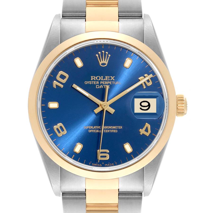 Rolex Date Mens Steel 18K Yellow Gold Blue Dial Mens Watch 15203 SwissWatchExpo