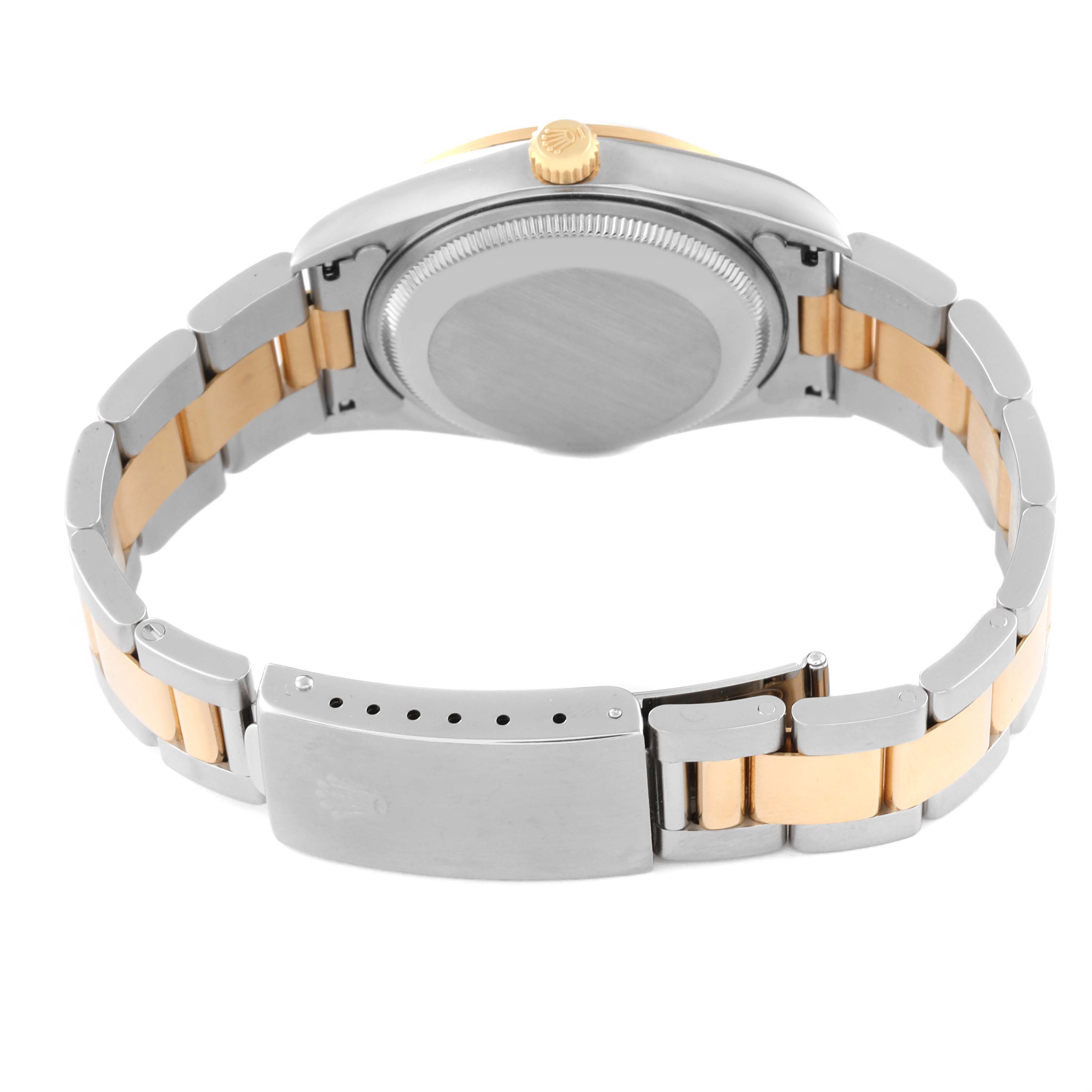 This image shows the back case and bracelet of the Rolex Date 15203 Men
s Steel and Gold (two tone) Blue Dial 15203 Men
s Steel and Gold (two tone) Blue Dial model watch from a rear angle.