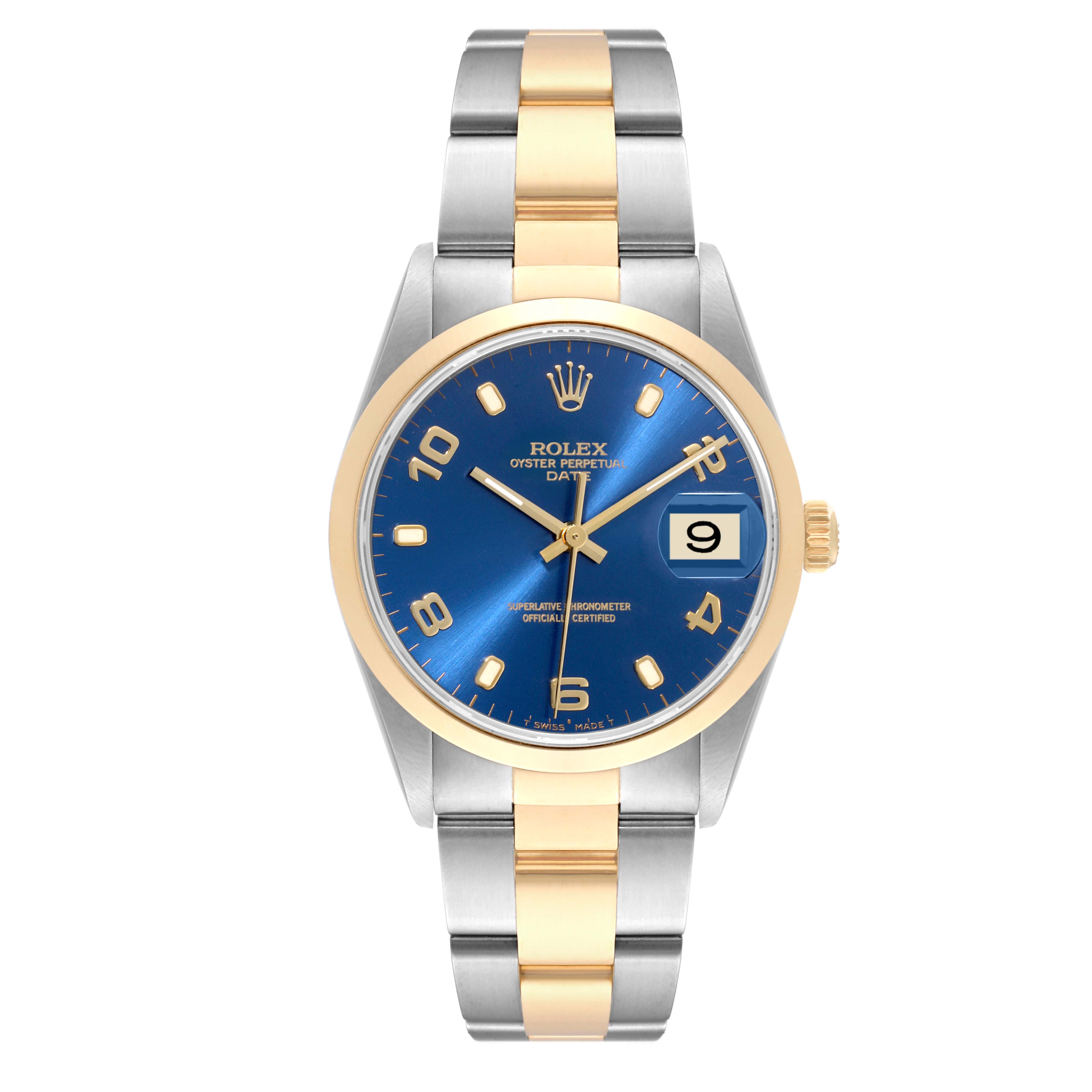 The image shows a Rolex Date 15203 Men
s Steel and Gold (two tone) Blue Dial 15203 Men
s Steel and Gold (two tone) Blue Dial model watch with a blue dial, gold bezel, and a two-tone bracelet from a frontal angle.