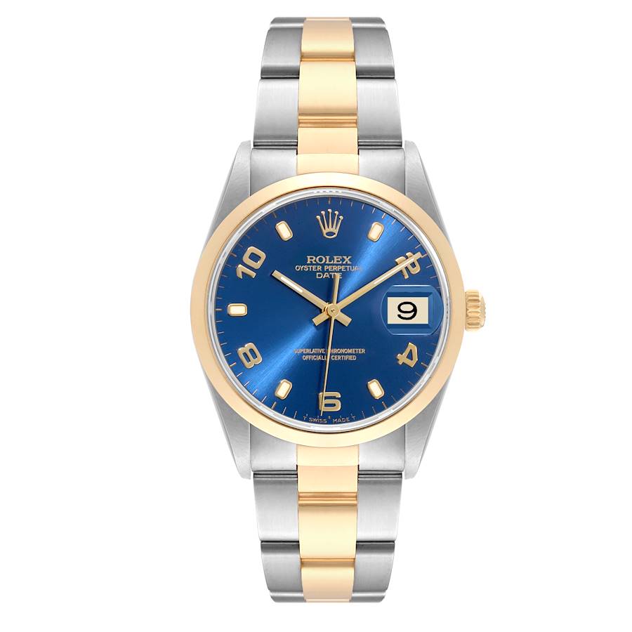 Rolex Date Mens Steel 18K Yellow Gold Blue Dial Mens Watch 15203 SwissWatchExpo