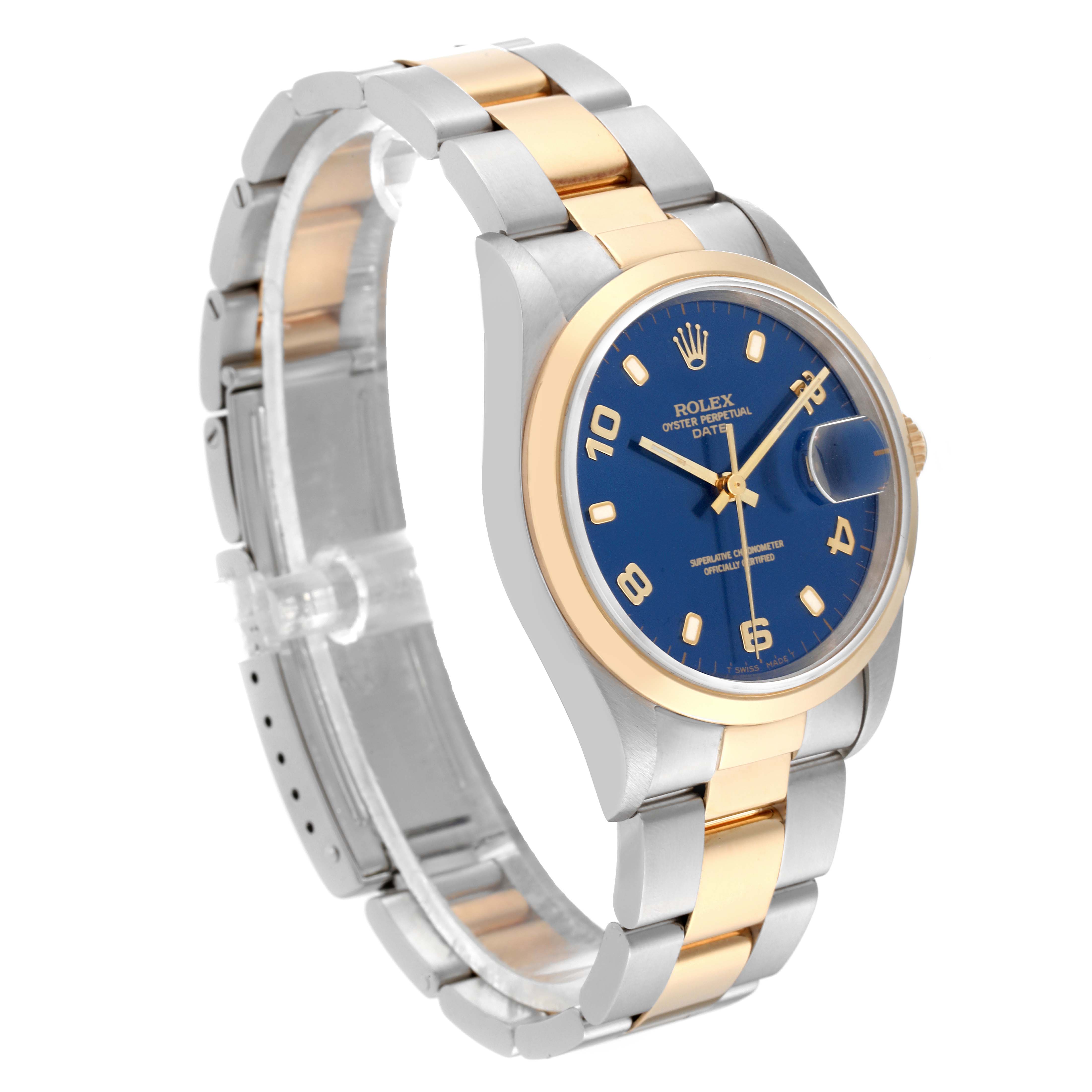 This image shows a side view of the Rolex Date 15203 Men
s Steel and Gold (two tone) Blue Dial 15203 Men
s Steel and Gold (two tone) Blue Dial model, highlighting the blue dial, two-tone bracelet, bezel, and crown.