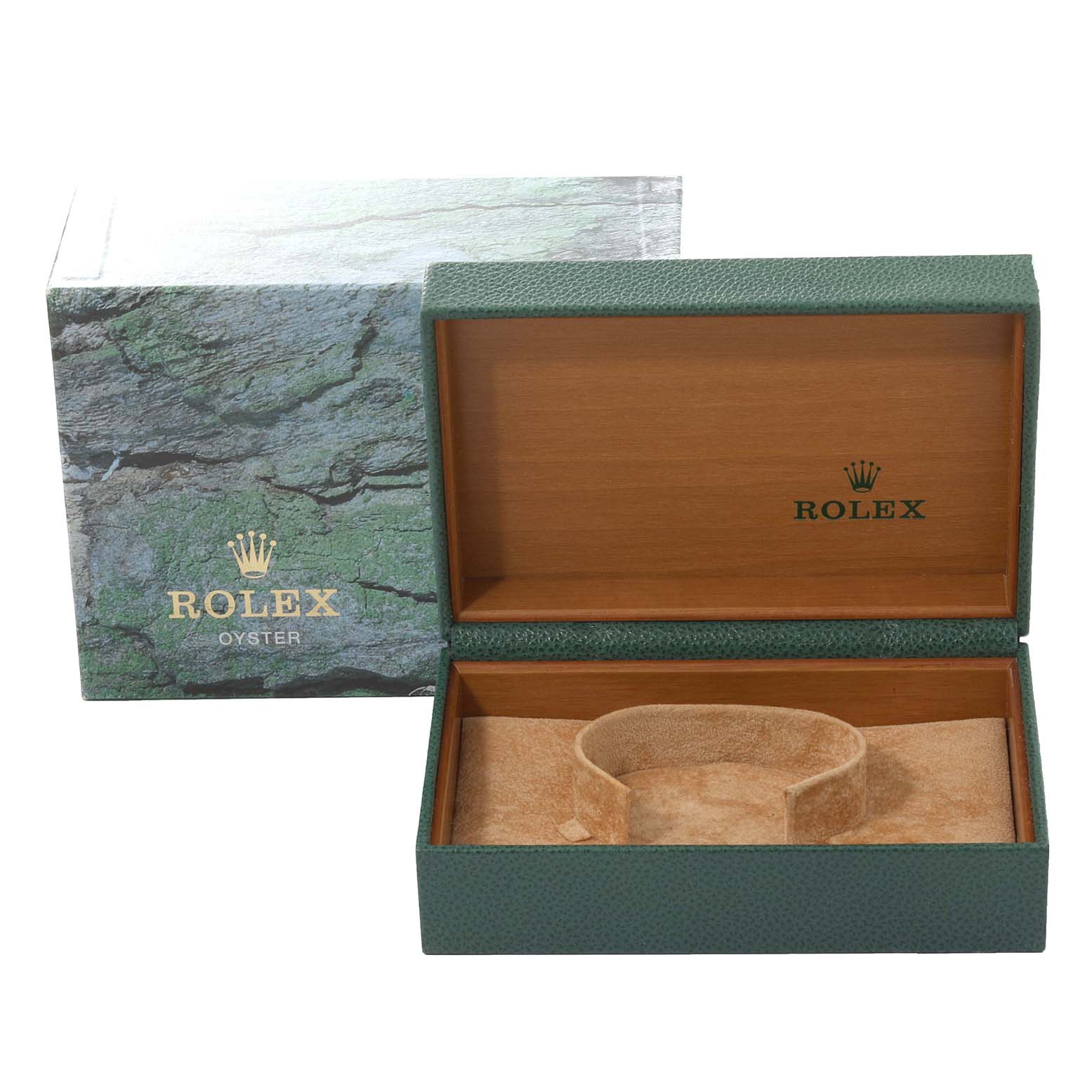 The image shows an open green and wooden Rolex Oyster box for the Date model watch, with a cushion for the watch inside.