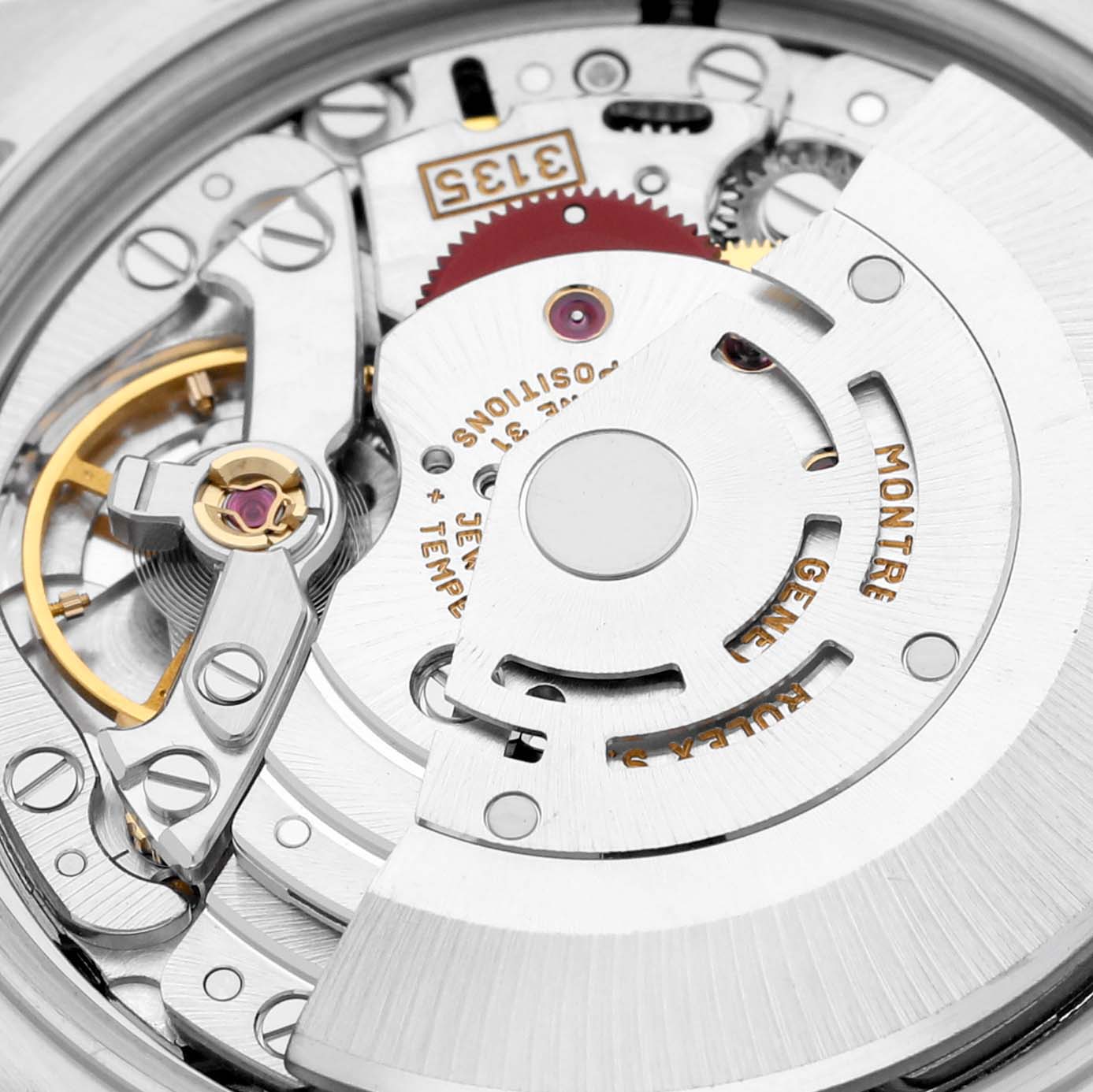 This image shows the intricate inner mechanism of a Rolex Date 15203 Men
s Steel and Gold (two tone) Blue Dial 15203 Men
s Steel and Gold (two tone) Blue Dial model watch from a close-up angle.