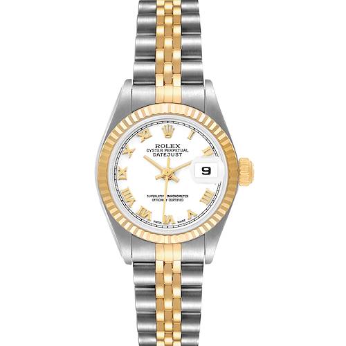The Rolex Datejust 79173 Womens Steel and Gold (two tone) White Dial watch is shown from a top-down angle, highlighting its dial, fluted bezel, and Jubilee bracelet.