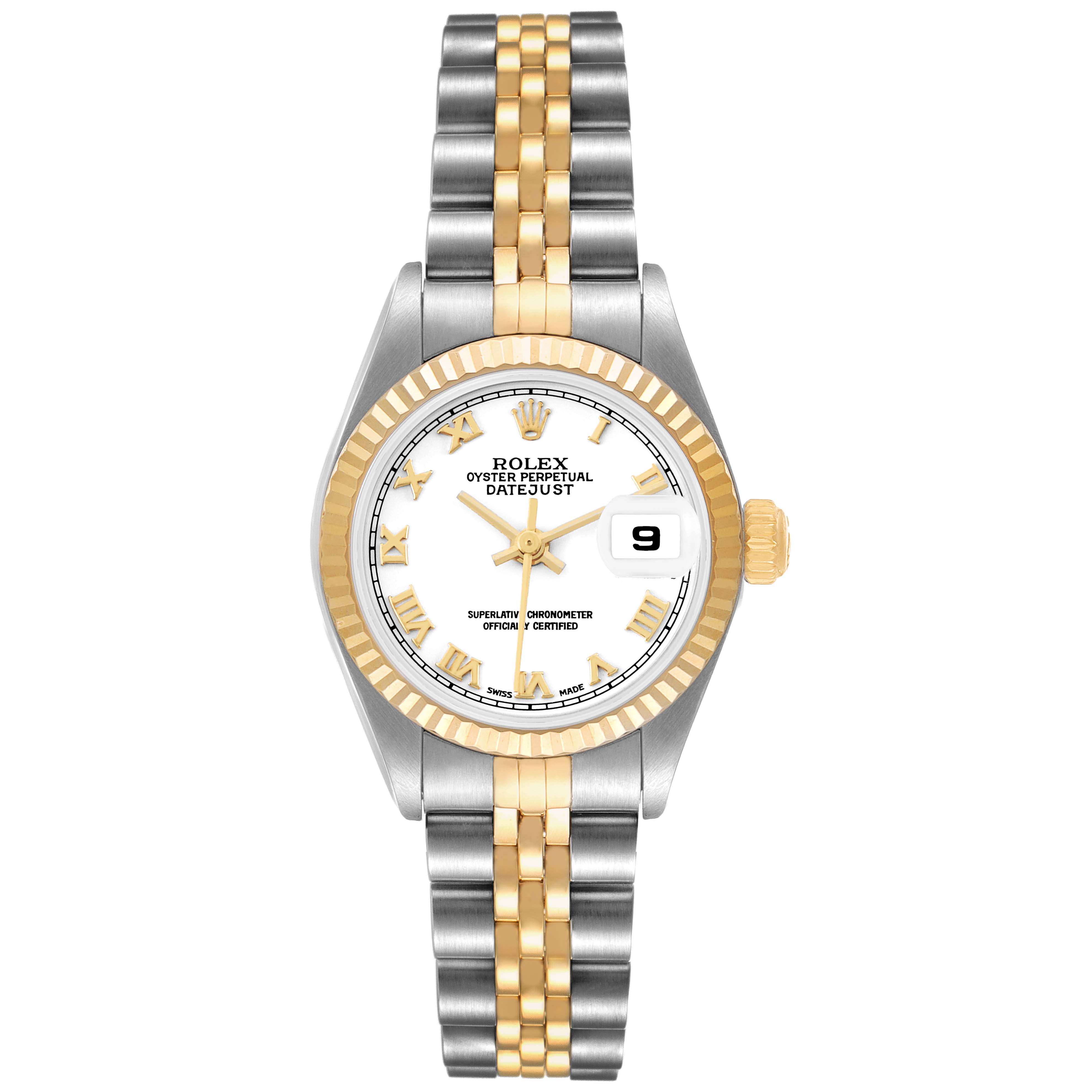 The Rolex Datejust 79173 Women's Steel and Gold (two tone) White Dial watch is shown from a front angle, highlighting the bezel, dial, bracelet, and crown.