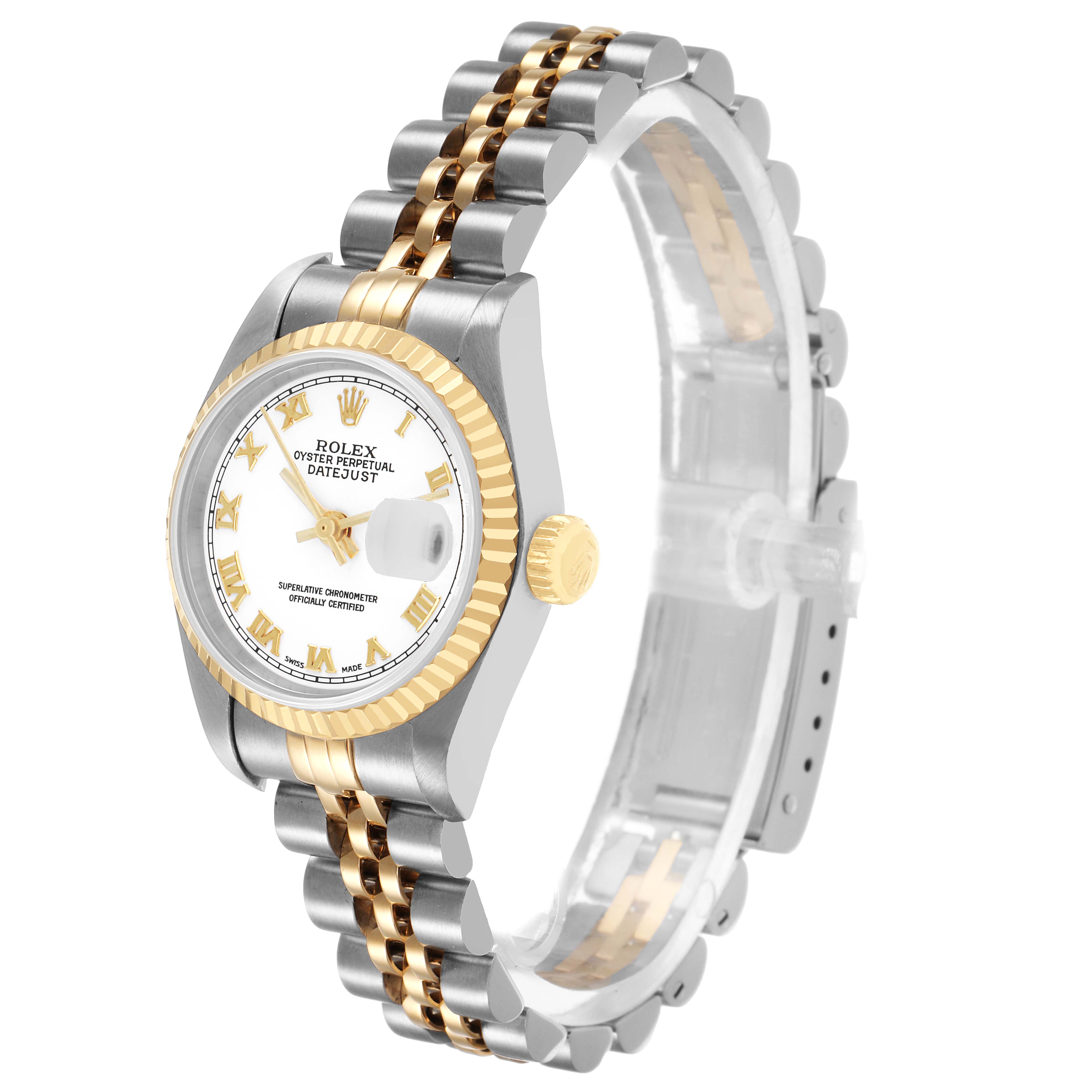 The Rolex Datejust 79173 Women's Steel and Gold (two tone) White Dial watch is shown at a three-quarter angle, displaying the face, bezel, crown, and part of the bracelet.