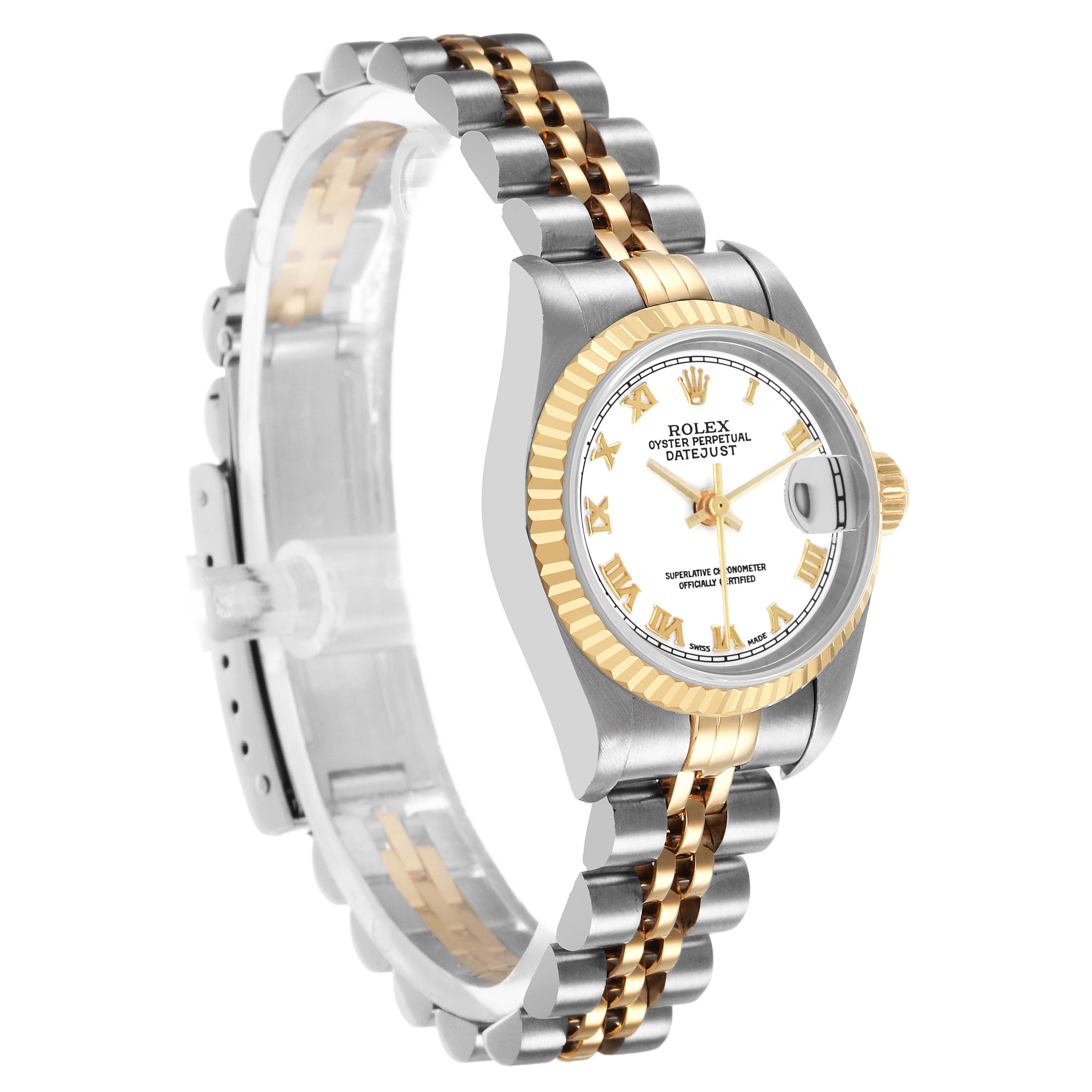 The image shows a Rolex Datejust 79173 Women's Steel and Gold (two tone) White Dial watch at a three-quarter angle, displaying the bezel, dial, bracelet, and crown.