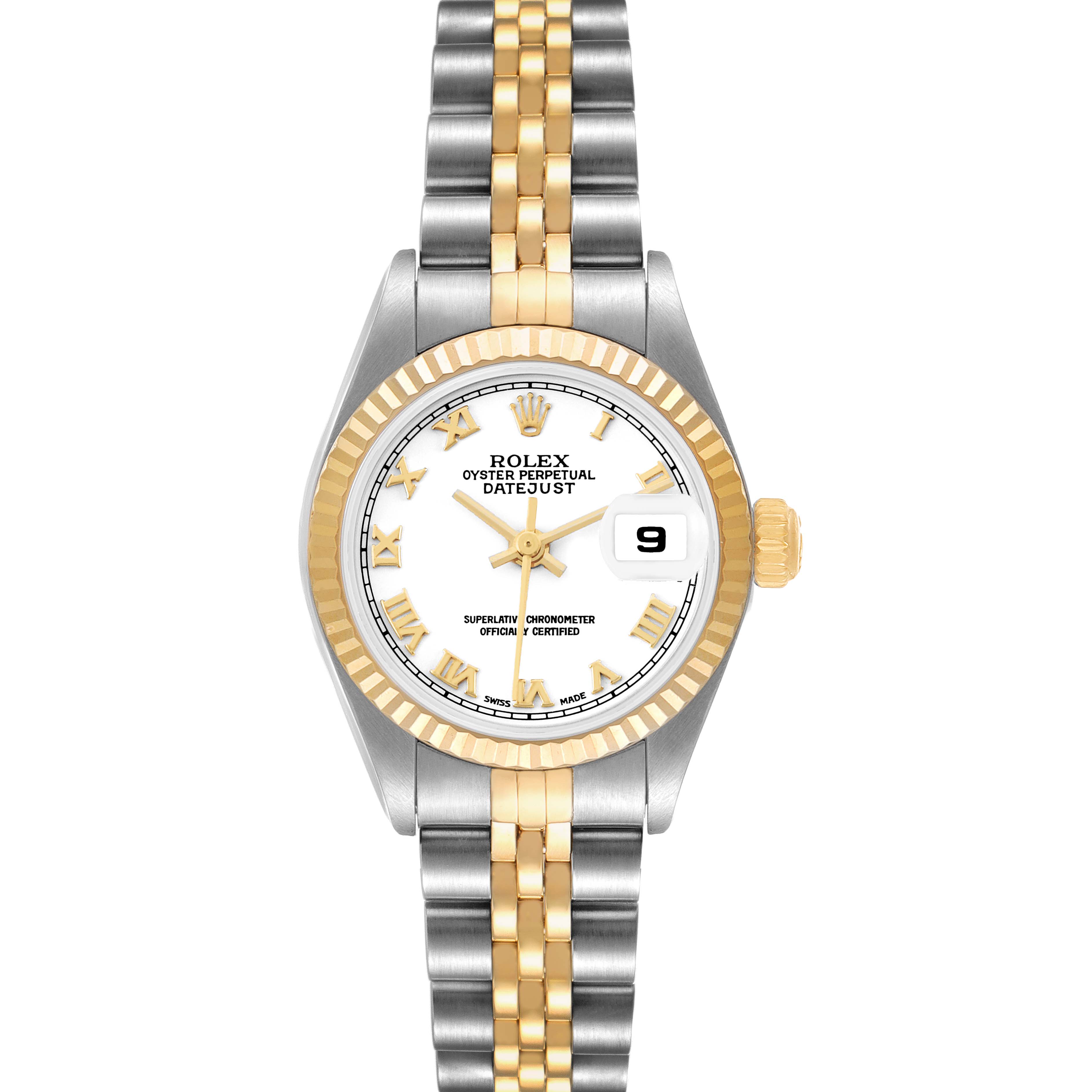 The Rolex Datejust 79173 Women's Steel and Gold (two tone) White Dial watch is shown from a top-down angle, highlighting the dial, bezel, and jubilee bracelet.