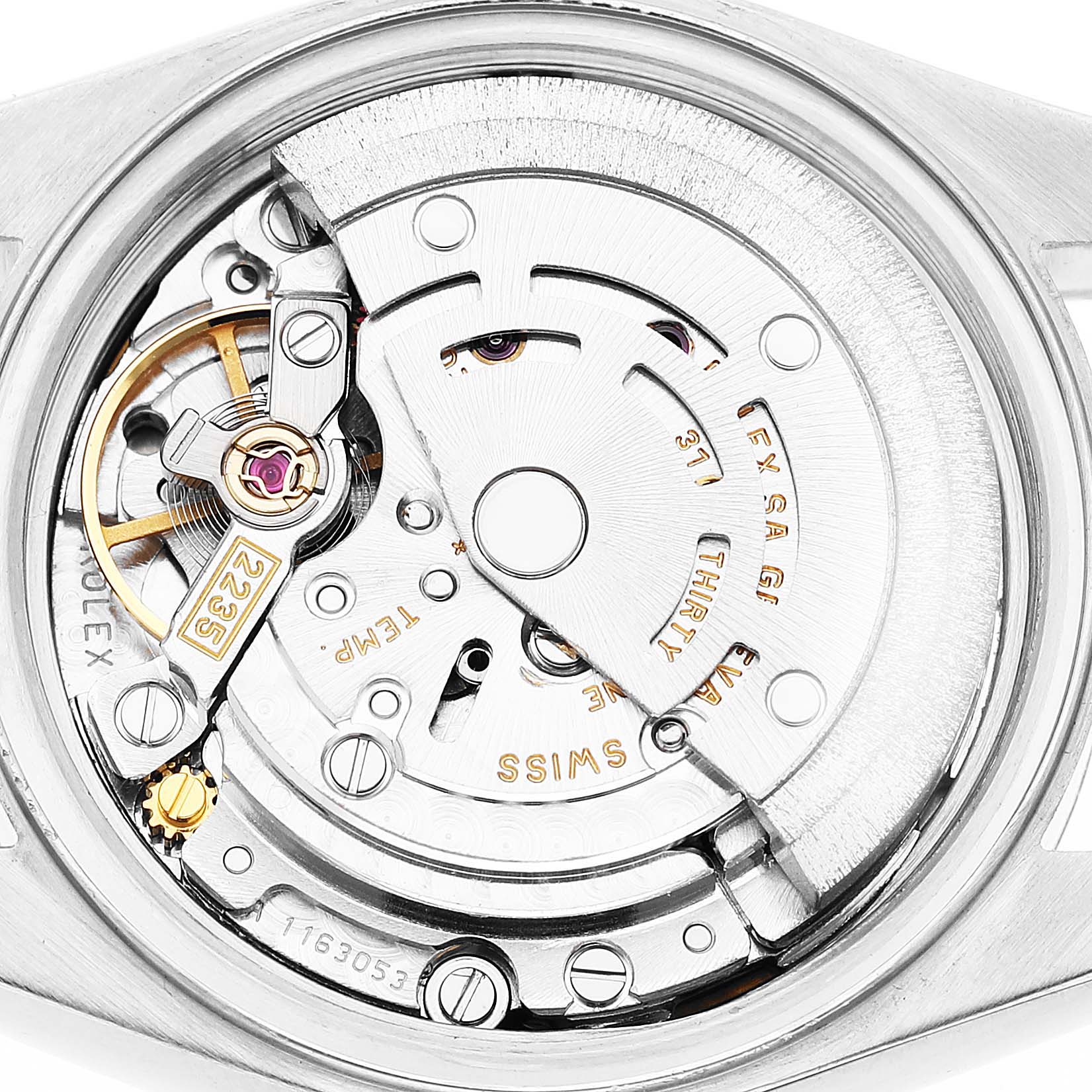 The image shows the movement mechanism of a Rolex Datejust 79173 Women's Steel and Gold (two tone) White Dial watch from a back angle, highlighting the rotor and balance wheel.