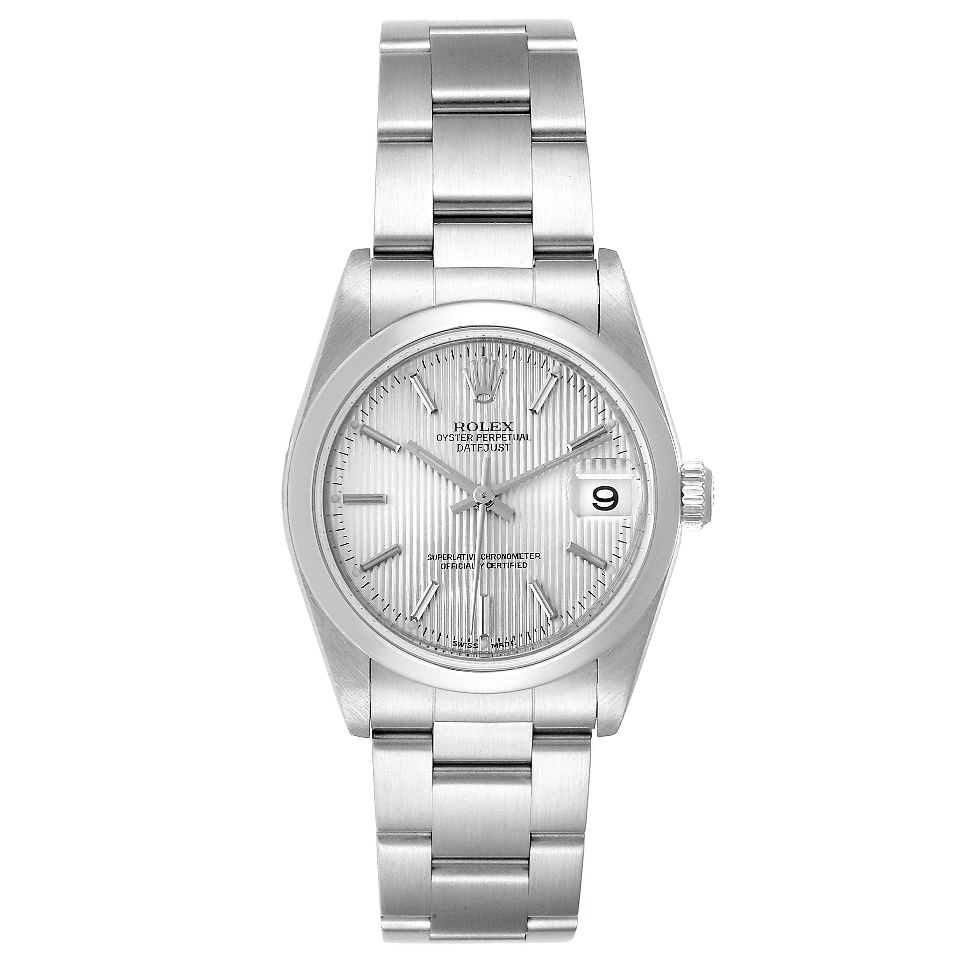 The image shows a front view of the Mid-Size Rolex Datejust watch, displaying the dial, bracelet, and date window.