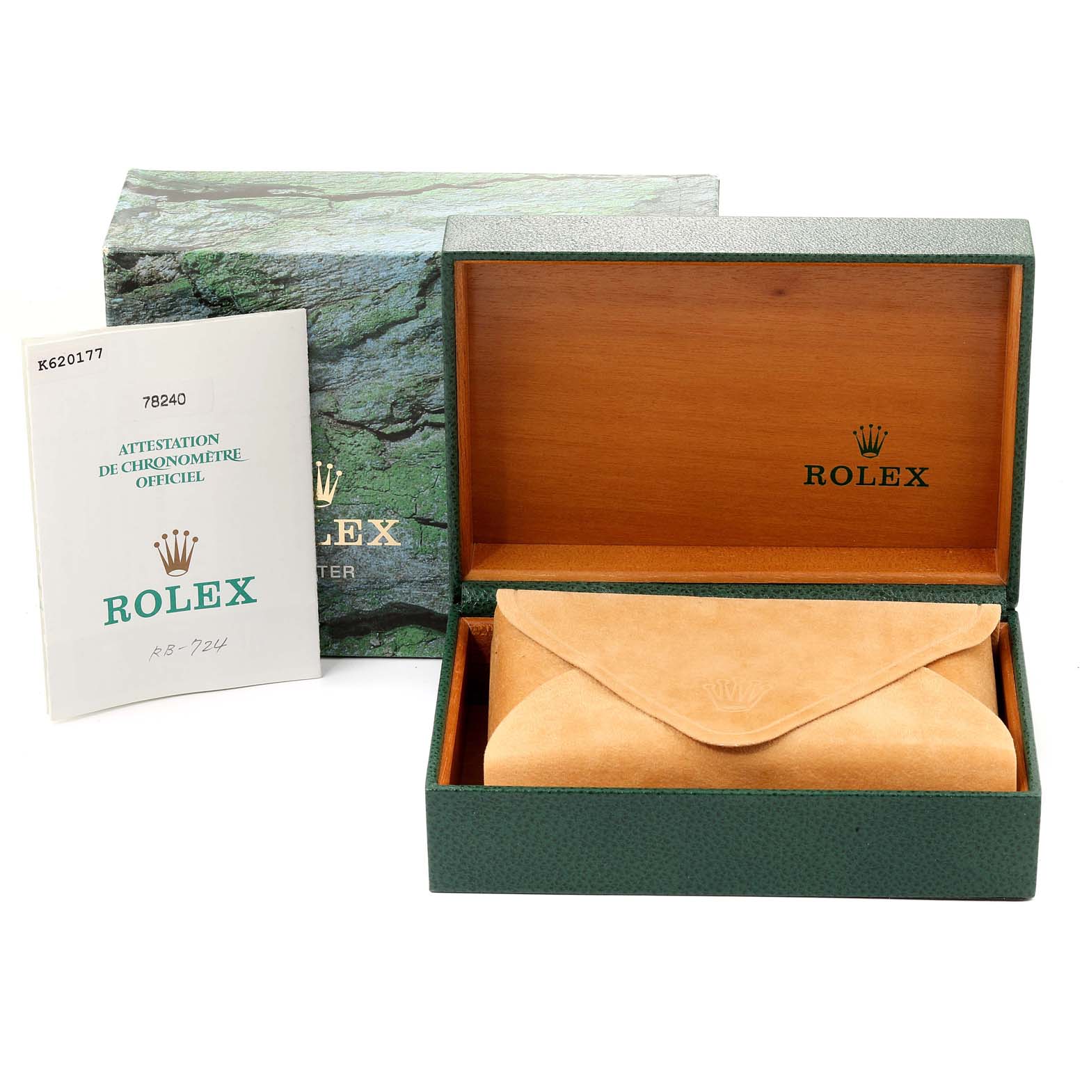 This image shows the open box, inner pouch, and documentation for a Rolex Mid-Size 78240 Women
s Stainless Steel Silver Dial 78240 Women
s Stainless Steel Silver Dial model watch.