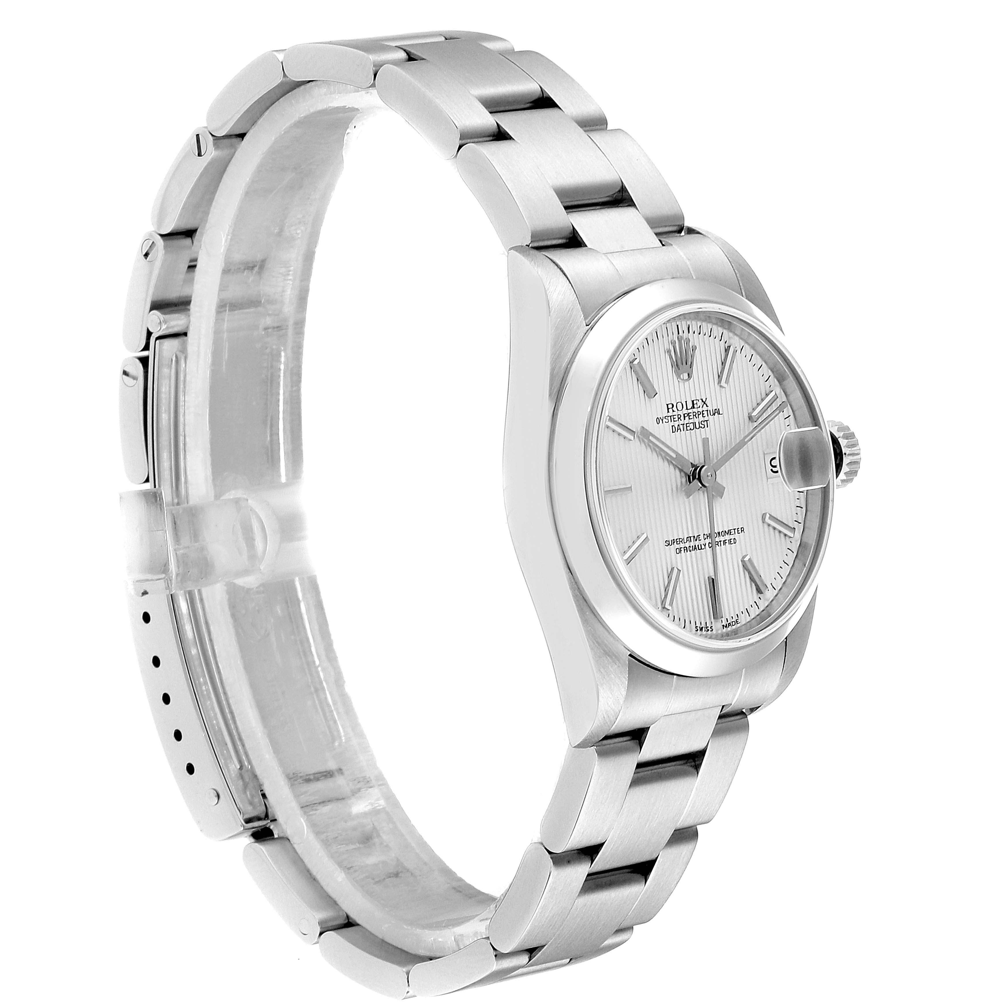 The Rolex Mid-Size 78240 Women
s Stainless Steel Silver Dial 78240 Women
s Stainless Steel Silver Dial model watch is shown from a side angle displaying the bracelet, case, and crown.