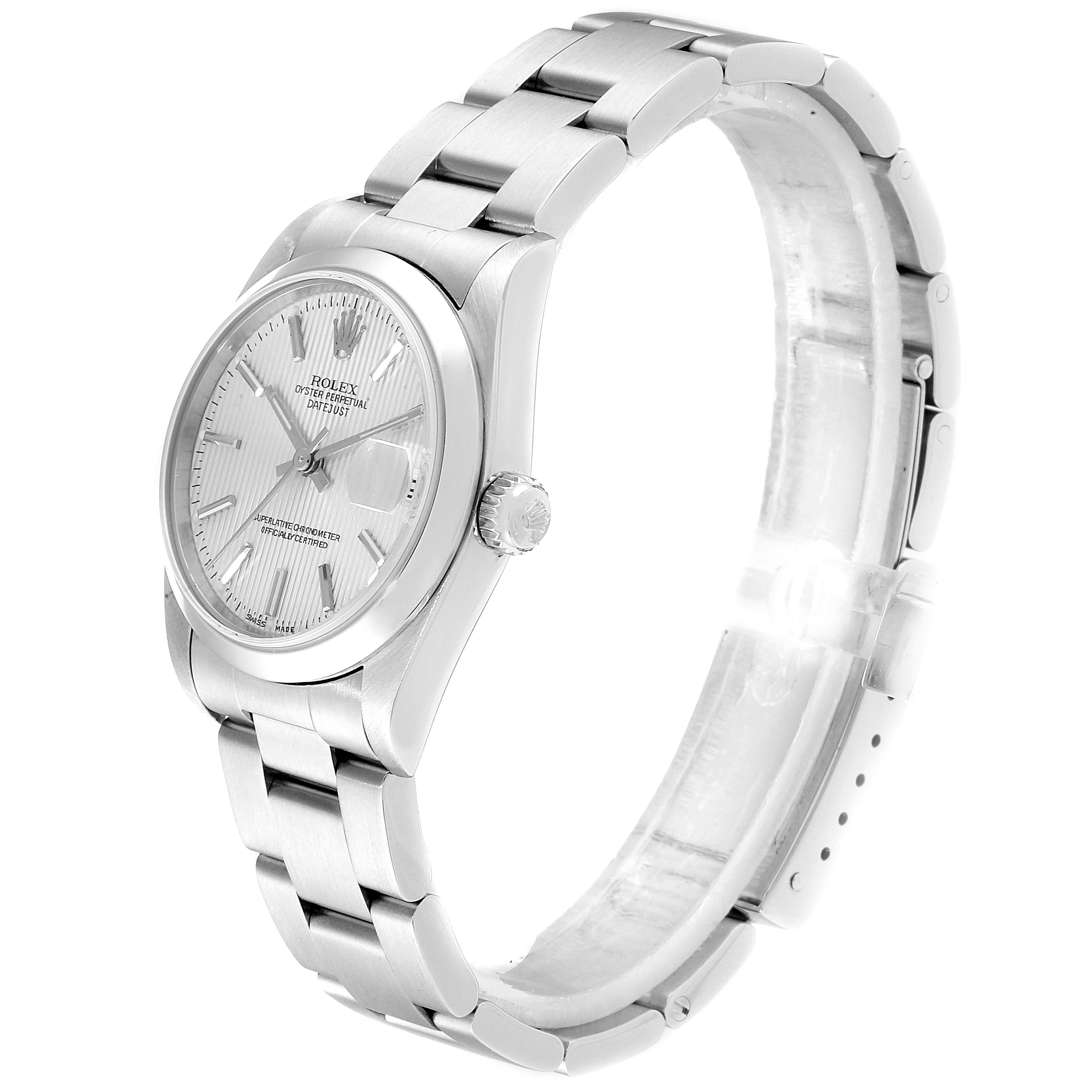 The Rolex Mid-Size 78240 Women
s Stainless Steel Silver Dial 78240 Women
s Stainless Steel Silver Dial model watch is shown at a slight side angle, displaying the face, crown, and bracelet.