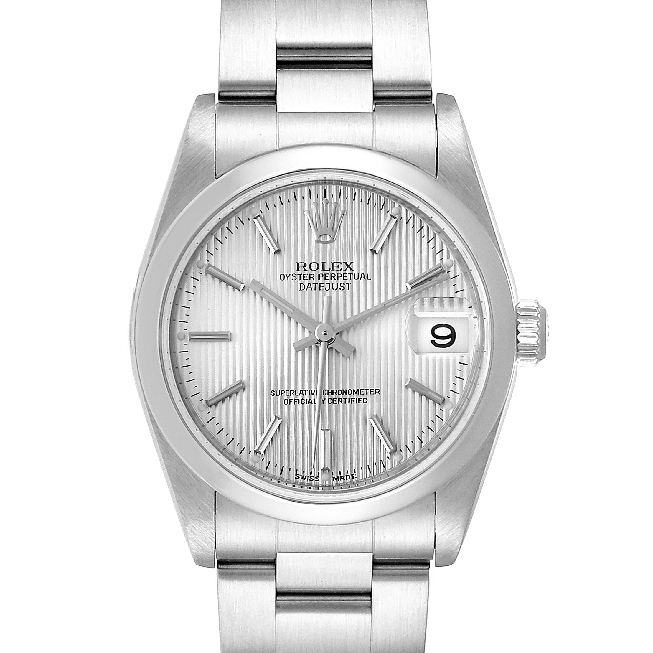 The image shows a front view of a Rolex Mid-Size 78240 Women
s Stainless Steel Silver Dial 78240 Women
s Stainless Steel Silver Dial Oyster Perpetual Datejust watch displaying its dial, bezel, bracelet, and date window.