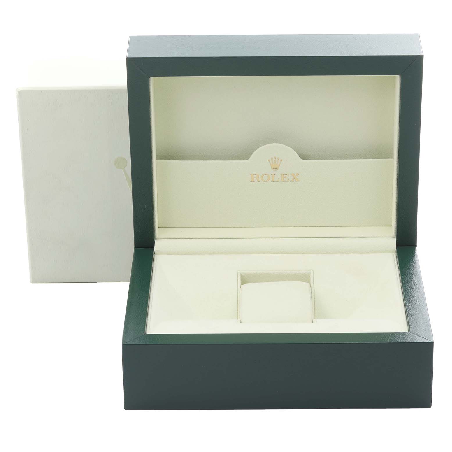 The image shows an empty green and beige Rolex Datejust 116135 Mens Rose Gold Pink Dial watch box open, displaying the interior padding and logo.