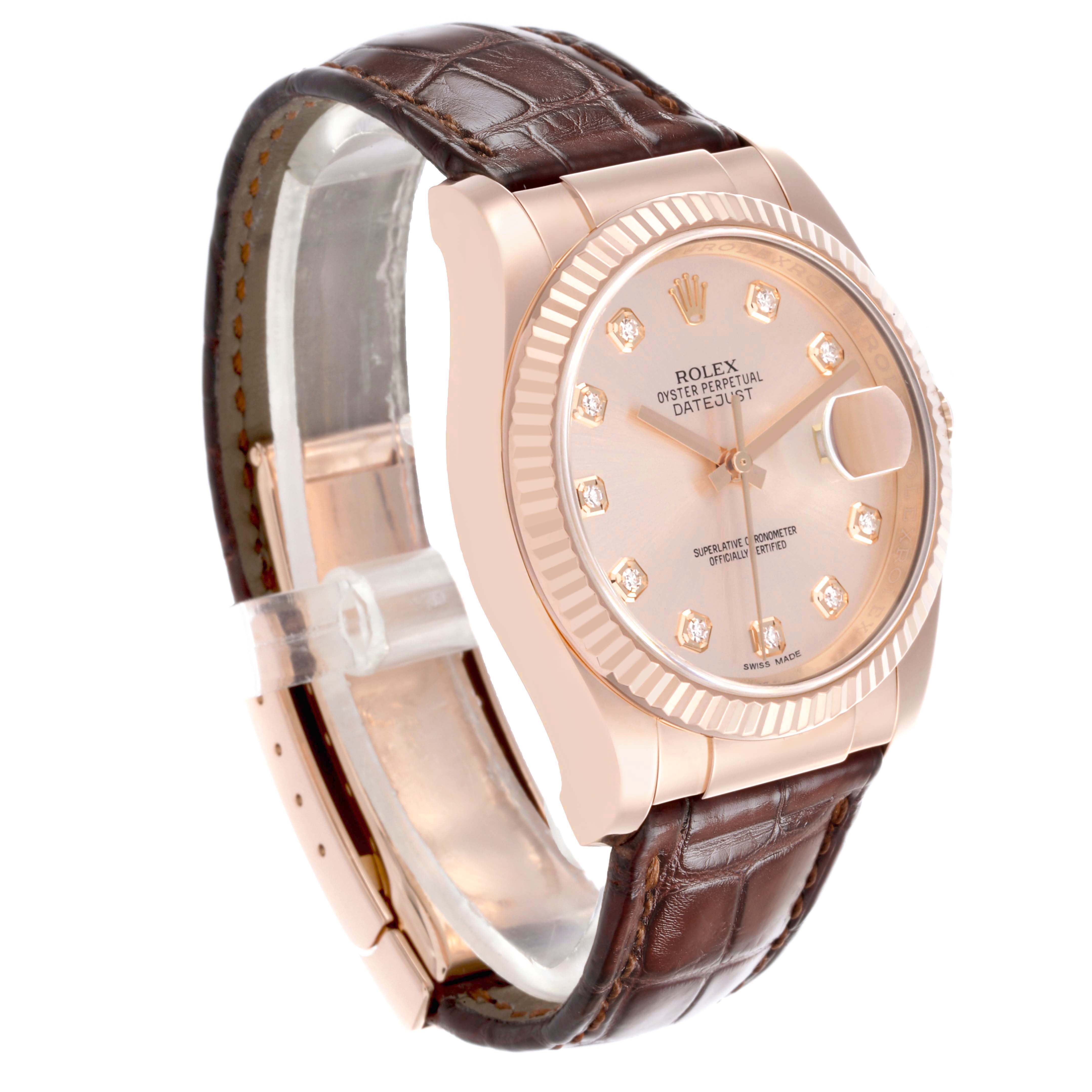 The Rolex Datejust 116135 Mens Rose Gold Pink Dial watch is shown at a side angle, highlighting the rose gold case, fluted bezel, dial, and leather strap.