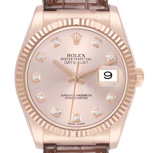 The image shows a Rolex Datejust 116135 Mens Rose Gold Pink Dial watch from the front, highlighting the dial, bezel, and part of the strap.