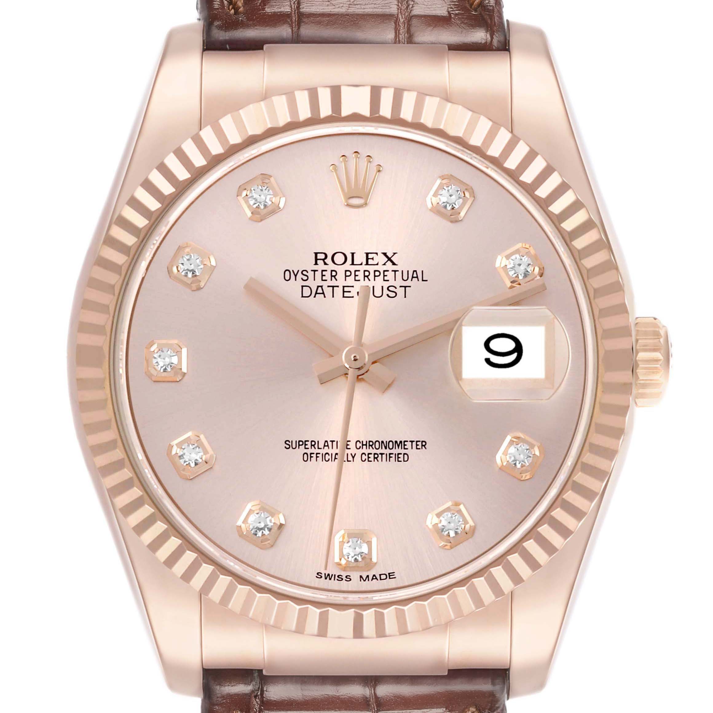 The Rolex Datejust 116135 Mens Rose Gold Pink Dial watch is shown from the front, highlighting the dial, bezel, crown, and part of the strap.