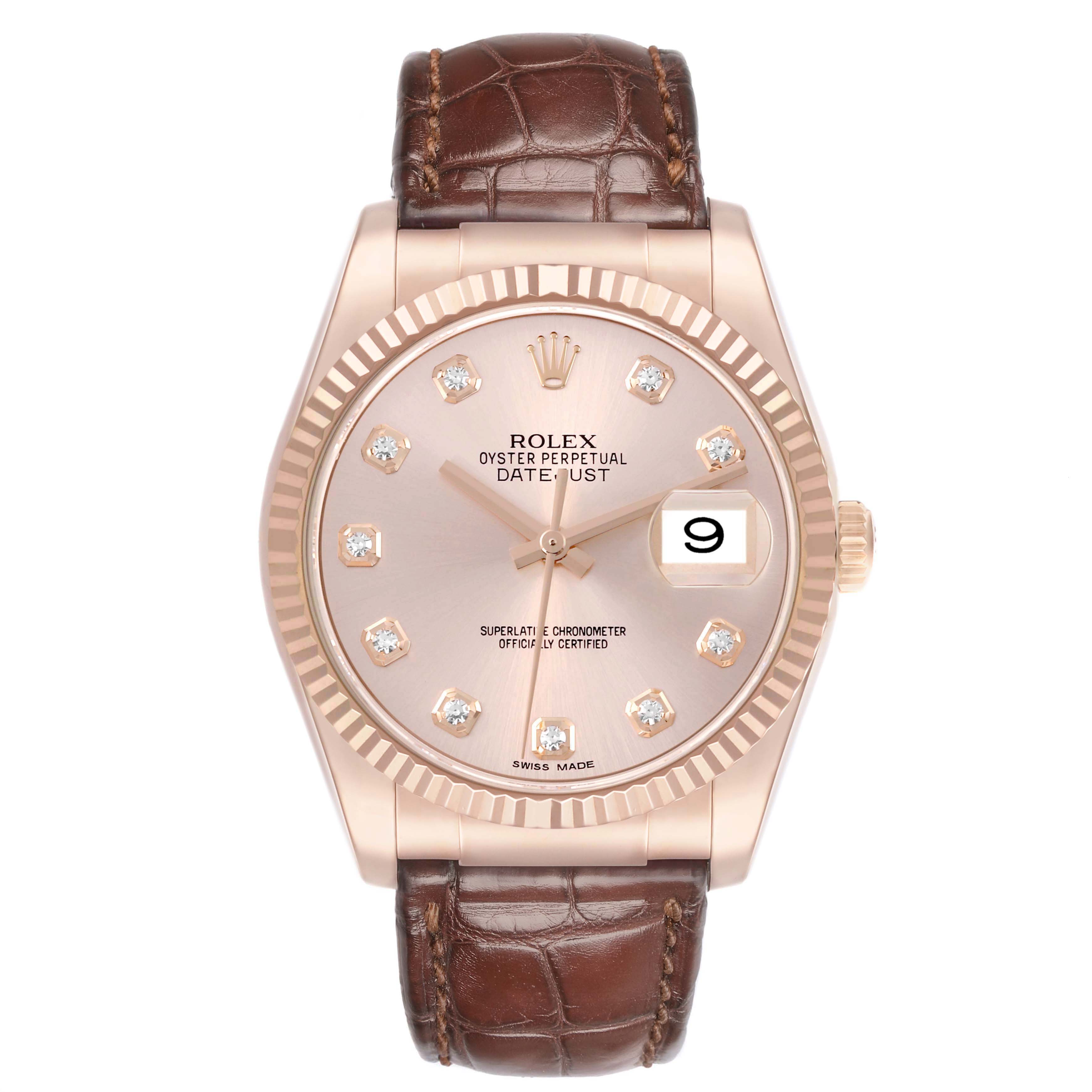 The Rolex Datejust 116135 Mens Rose Gold Pink Dial is shown from a front angle, highlighting the dial, bezel, and brown leather strap.