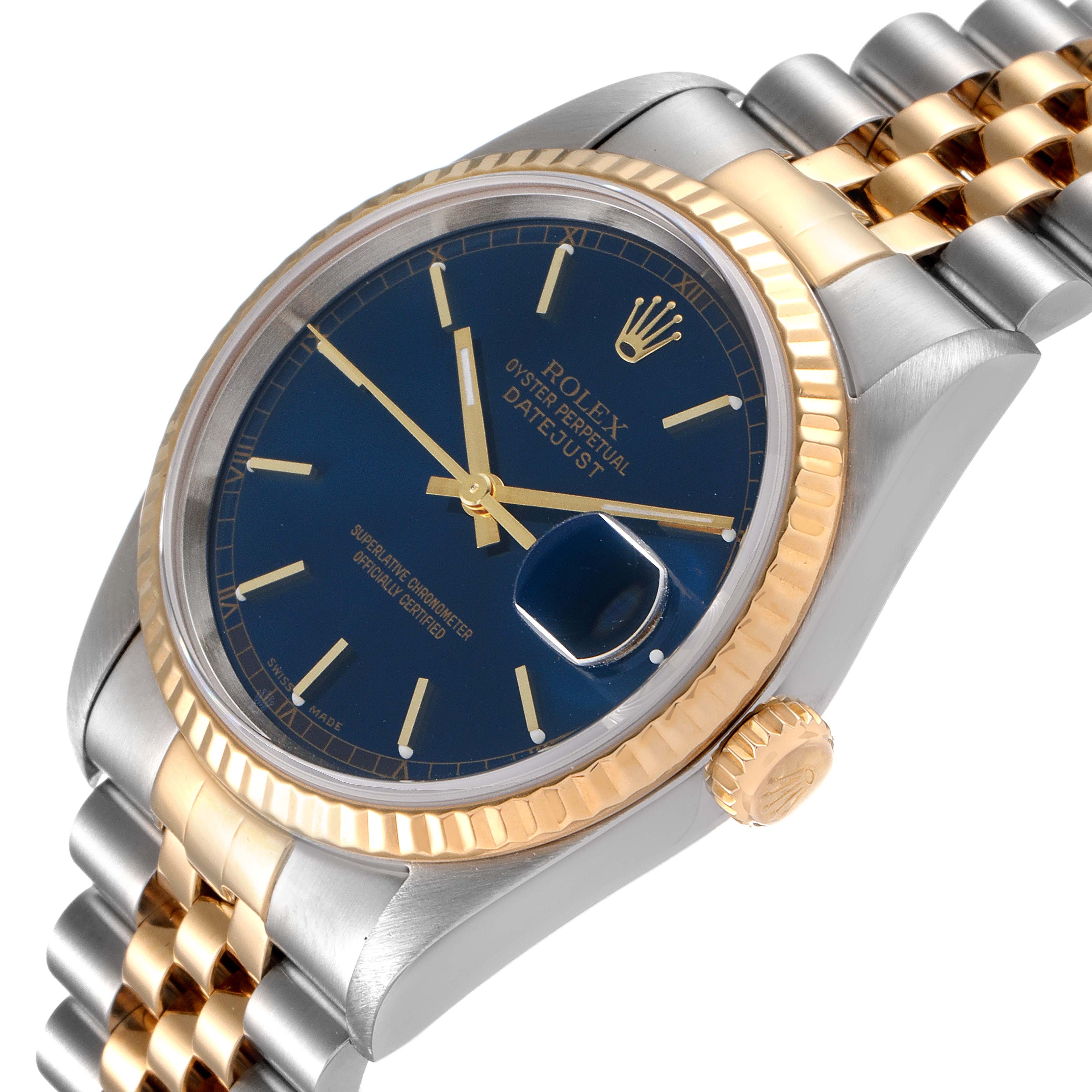 The image shows a close-up angled view of the Rolex Datejust 16233 Men's Steel and Gold (two tone) Blue Dial 16233 Men's Steel and Gold (two tone) Blue Dial watch, featuring its blue dial, gold fluted bezel, and two-tone bracelet.