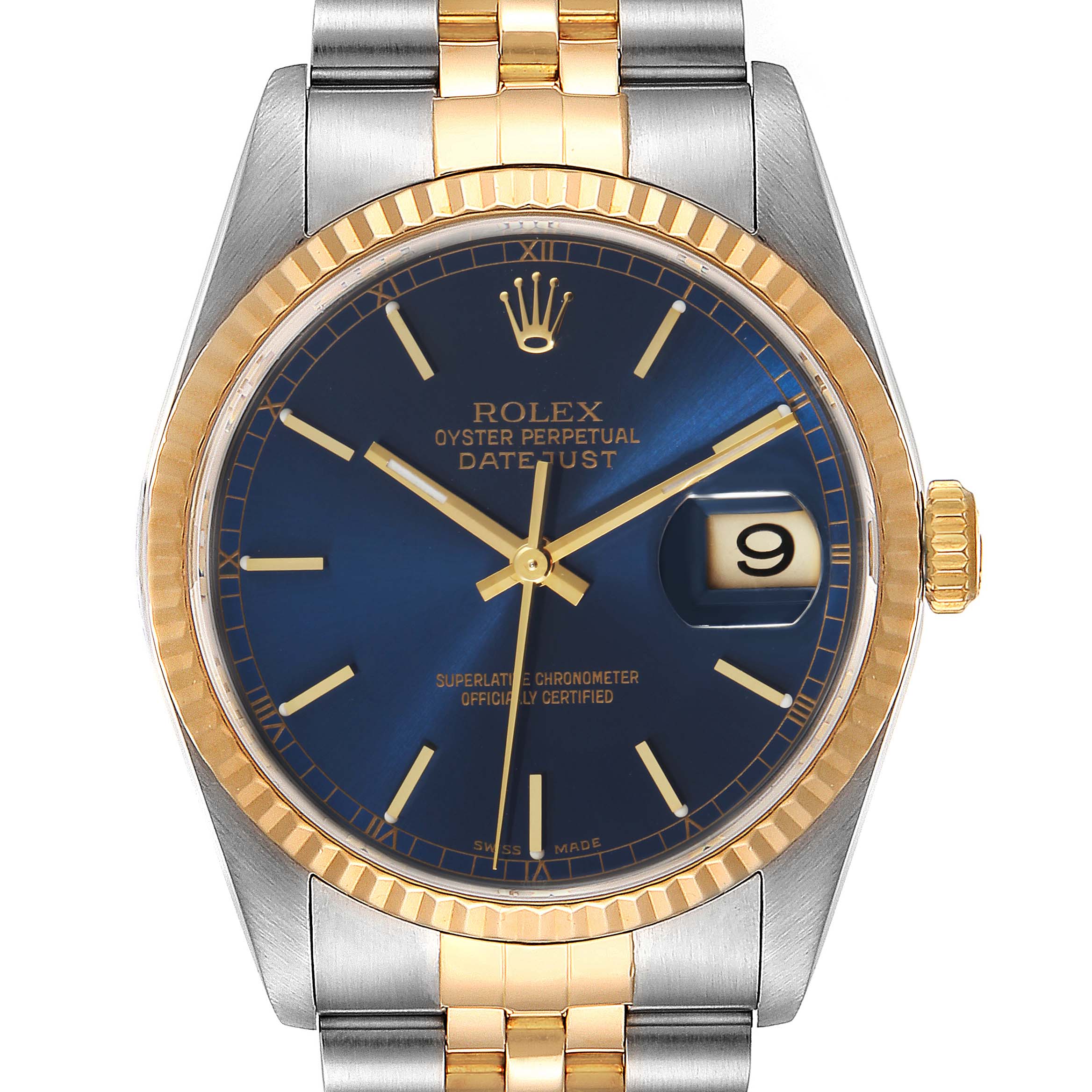 This is a front view of a Rolex Datejust 16233 Men's Steel and Gold (two tone) Blue Dial 16233 Men's Steel and Gold (two tone) Blue Dial watch featuring a blue dial, gold fluted bezel, and two-tone bracelet.