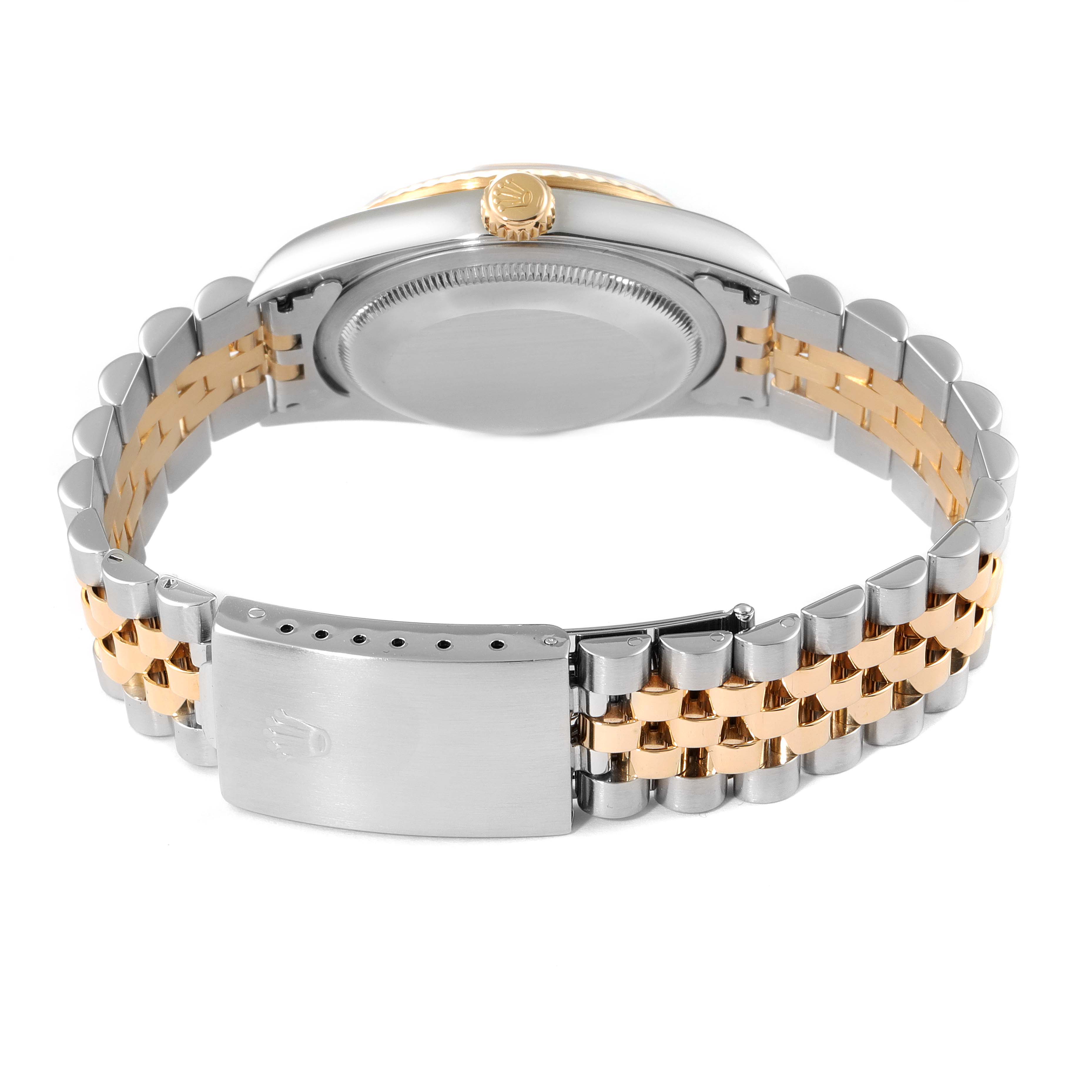 This image shows the back and clasp of a Rolex Datejust 16233 Men's Steel and Gold (two tone) Blue Dial 16233 Men's Steel and Gold (two tone) Blue Dial watch, highlighting the two-tone bracelet and crown.