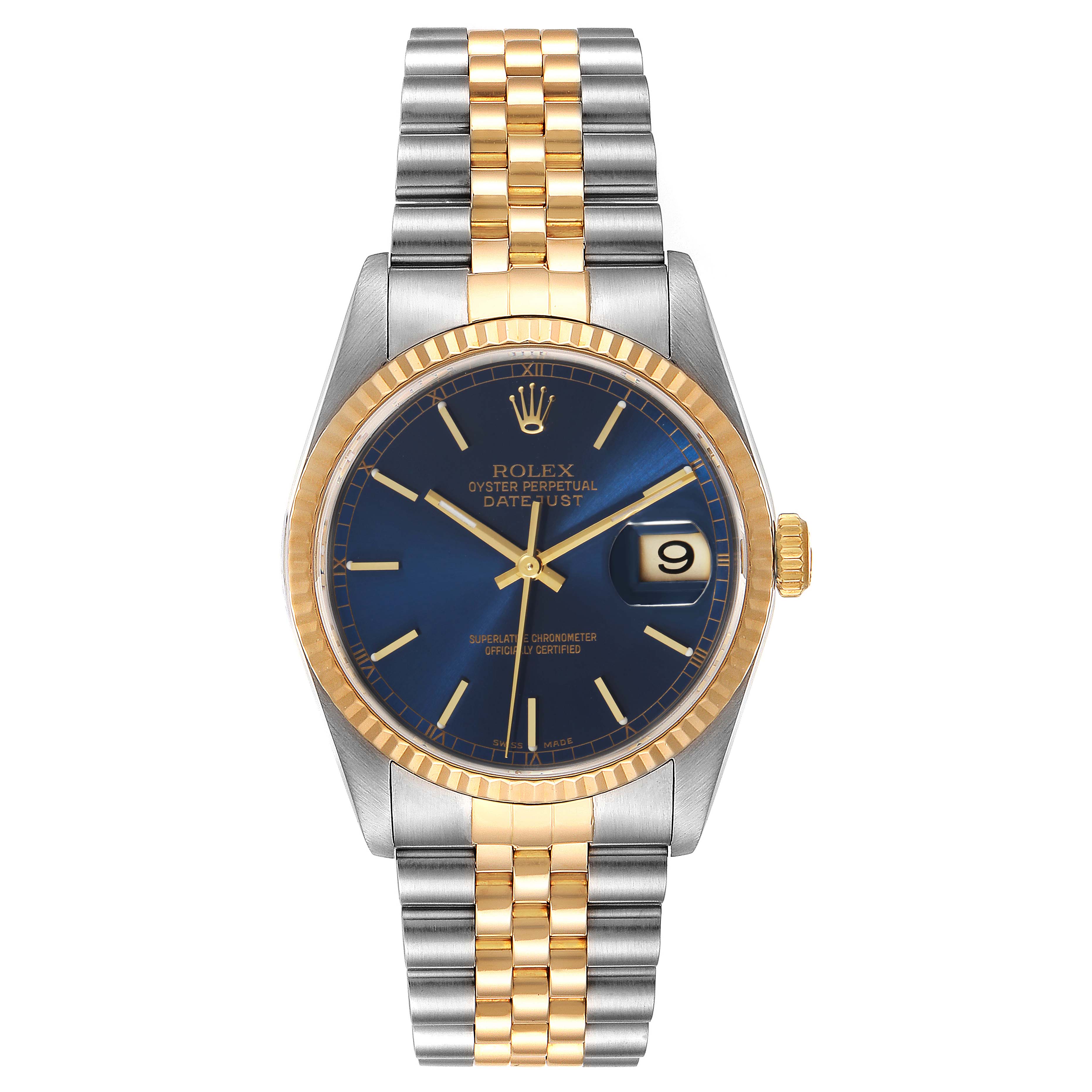 The image shows a Rolex Datejust 16233 Men's Steel and Gold (two tone) Blue Dial 16233 Men's Steel and Gold (two tone) Blue Dial watch from a front angle, highlighting its gold and silver bracelet, blue dial, and date window.
