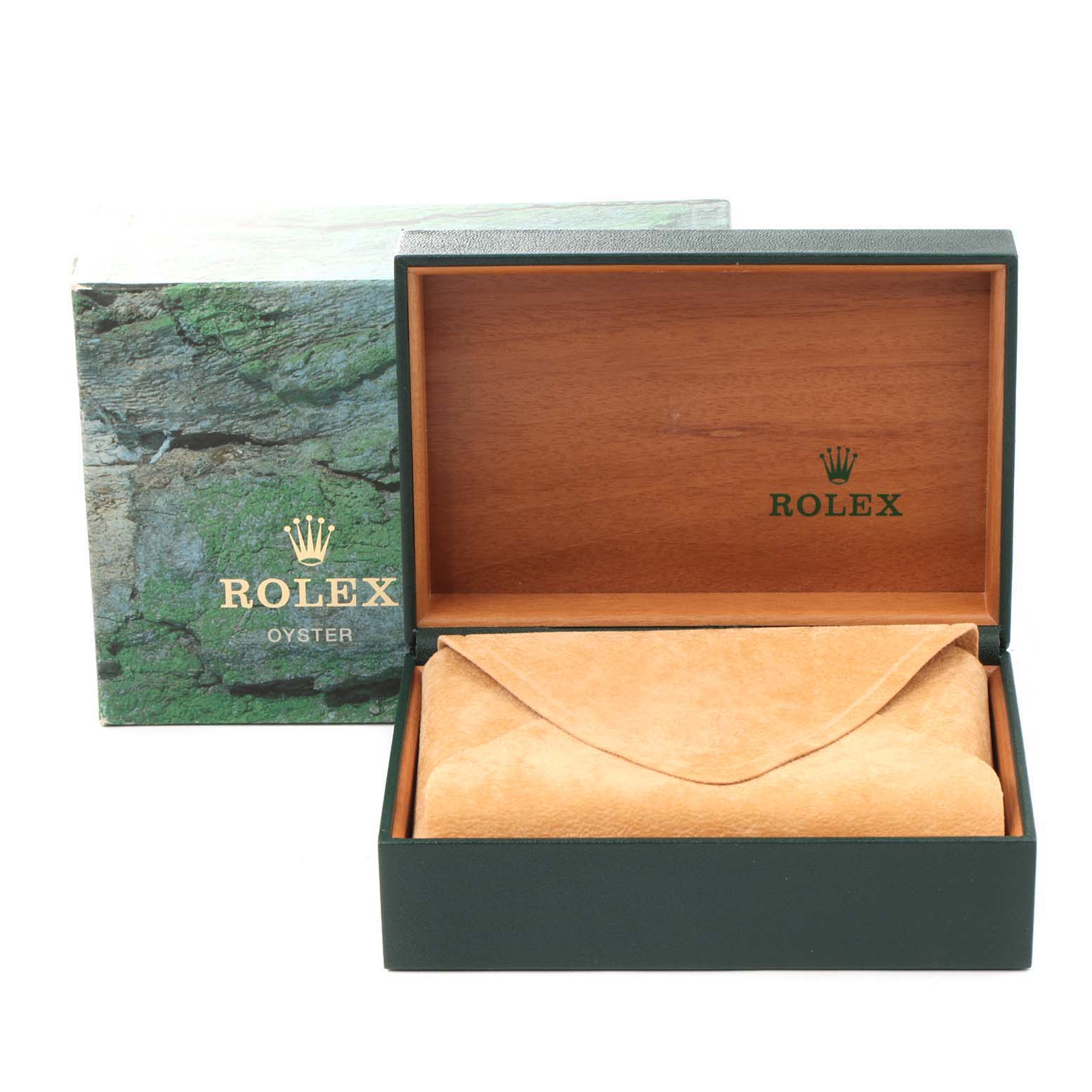 The image shows an opened Rolex box containing a Rolex Datejust 16233 Men's Steel and Gold (two tone) Blue Dial 16233 Men's Steel and Gold (two tone) Blue Dial in a leather pouch, viewed from the front.