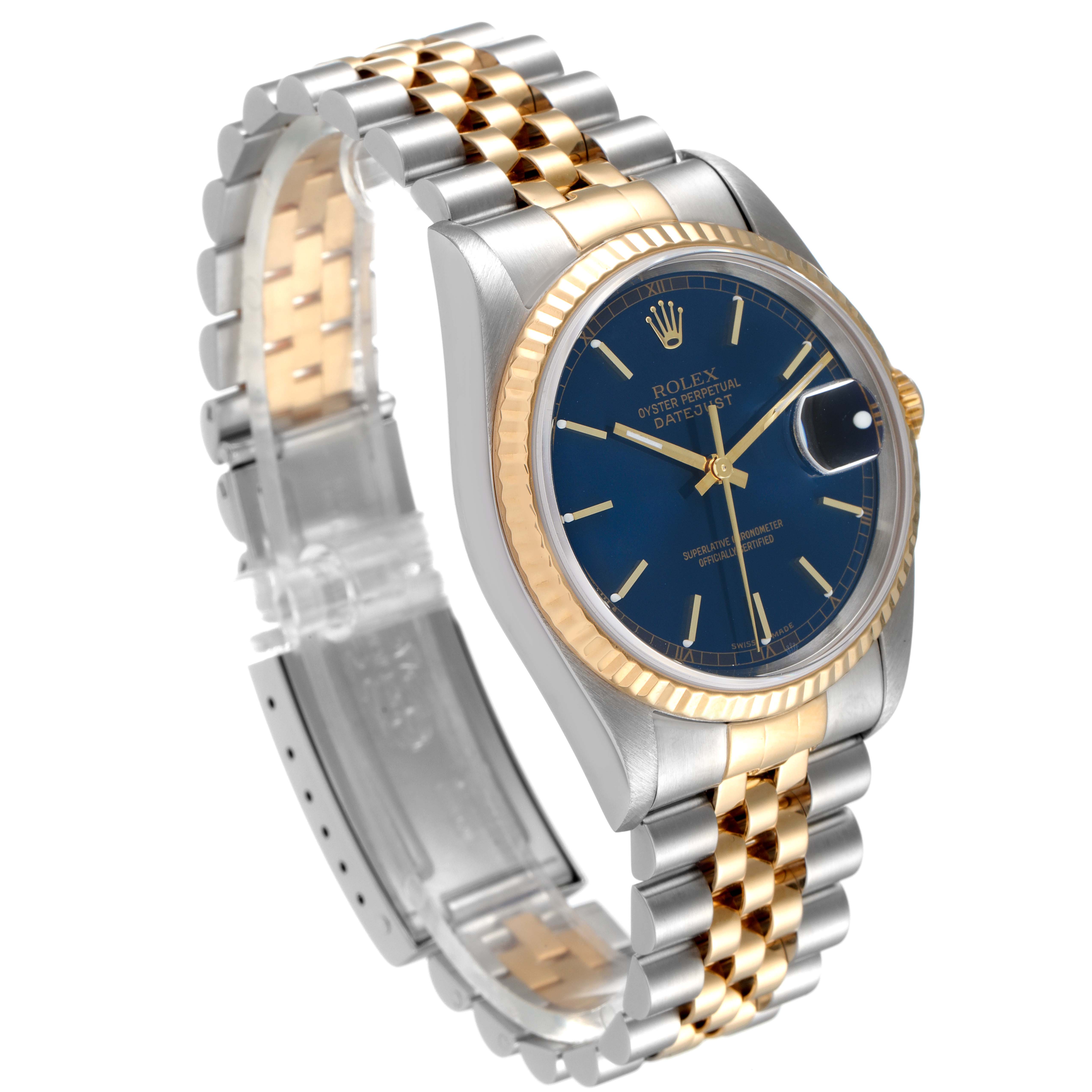 The Rolex Datejust 16233 Men's Steel and Gold (two tone) Blue Dial 16233 Men's Steel and Gold (two tone) Blue Dial watch is shown at an angle displaying the face, bezel, and part of the two-tone metal bracelet.