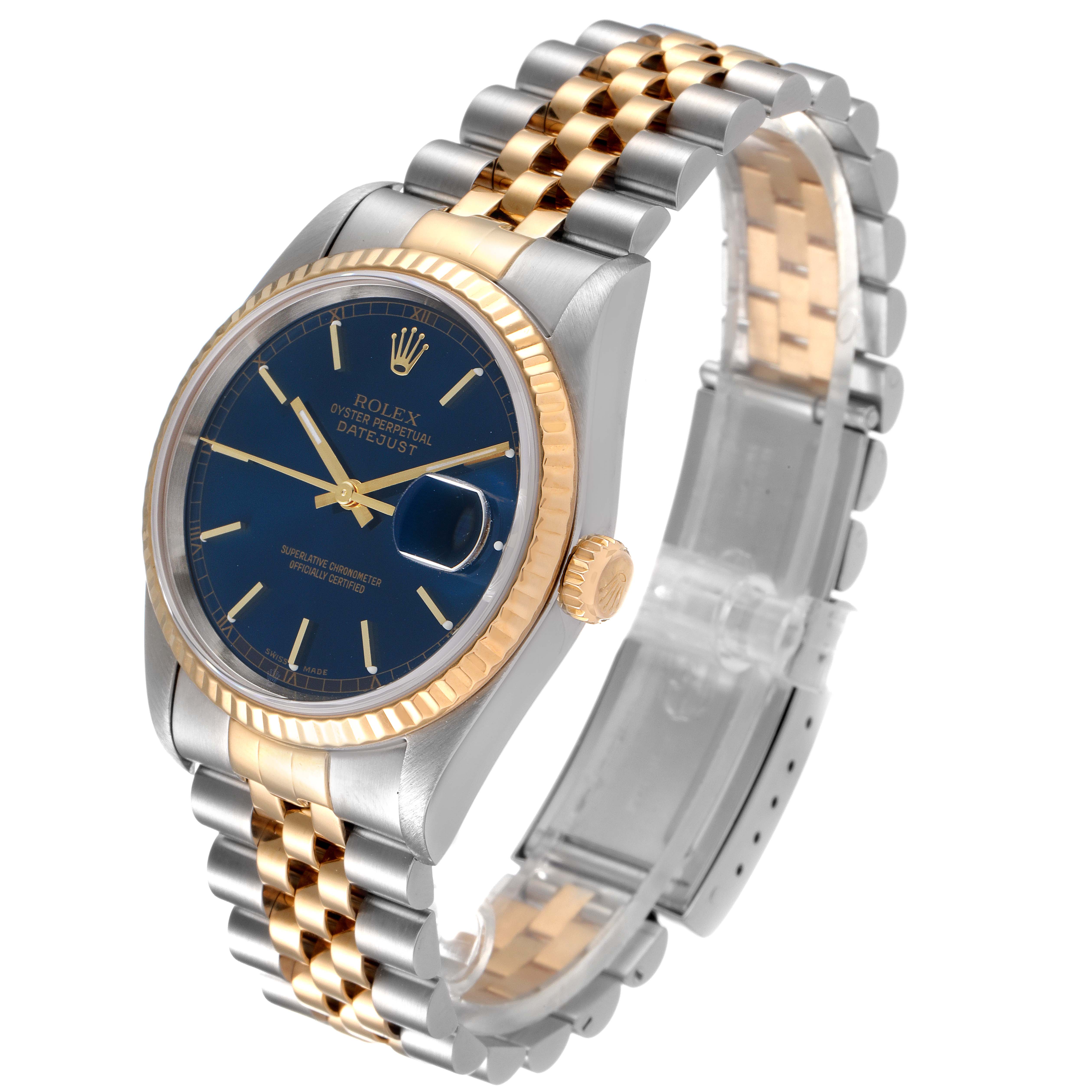 This image shows a Rolex Datejust 16233 Men's Steel and Gold (two tone) Blue Dial 16233 Men's Steel and Gold (two tone) Blue Dial watch at an angled side view, highlighting its face, dial, bezel, and two-tone bracelet.