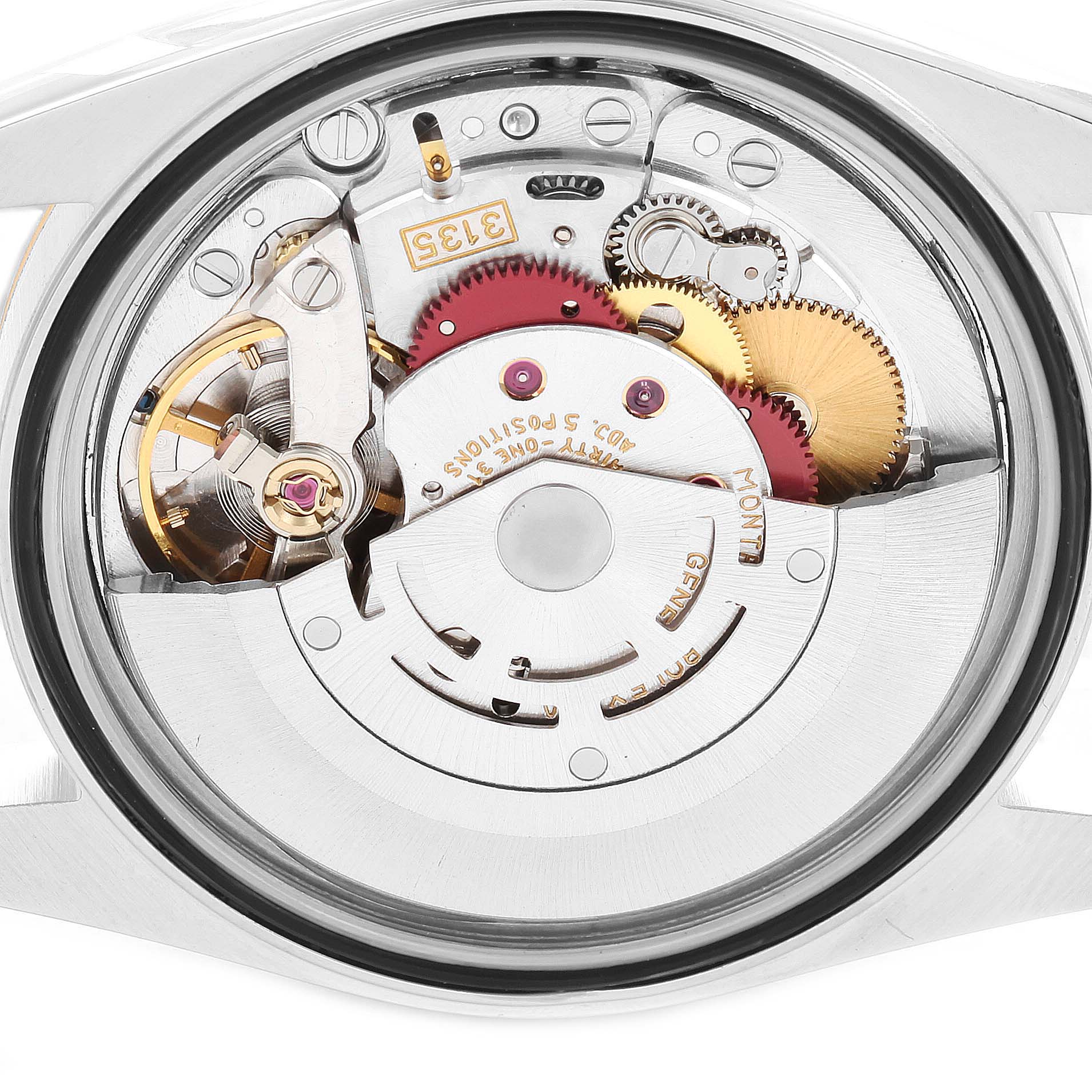 This image shows the internal mechanical movement of a Rolex Datejust 16233 Men's Steel and Gold (two tone) Blue Dial 16233 Men's Steel and Gold (two tone) Blue Dial watch, viewed from the back.