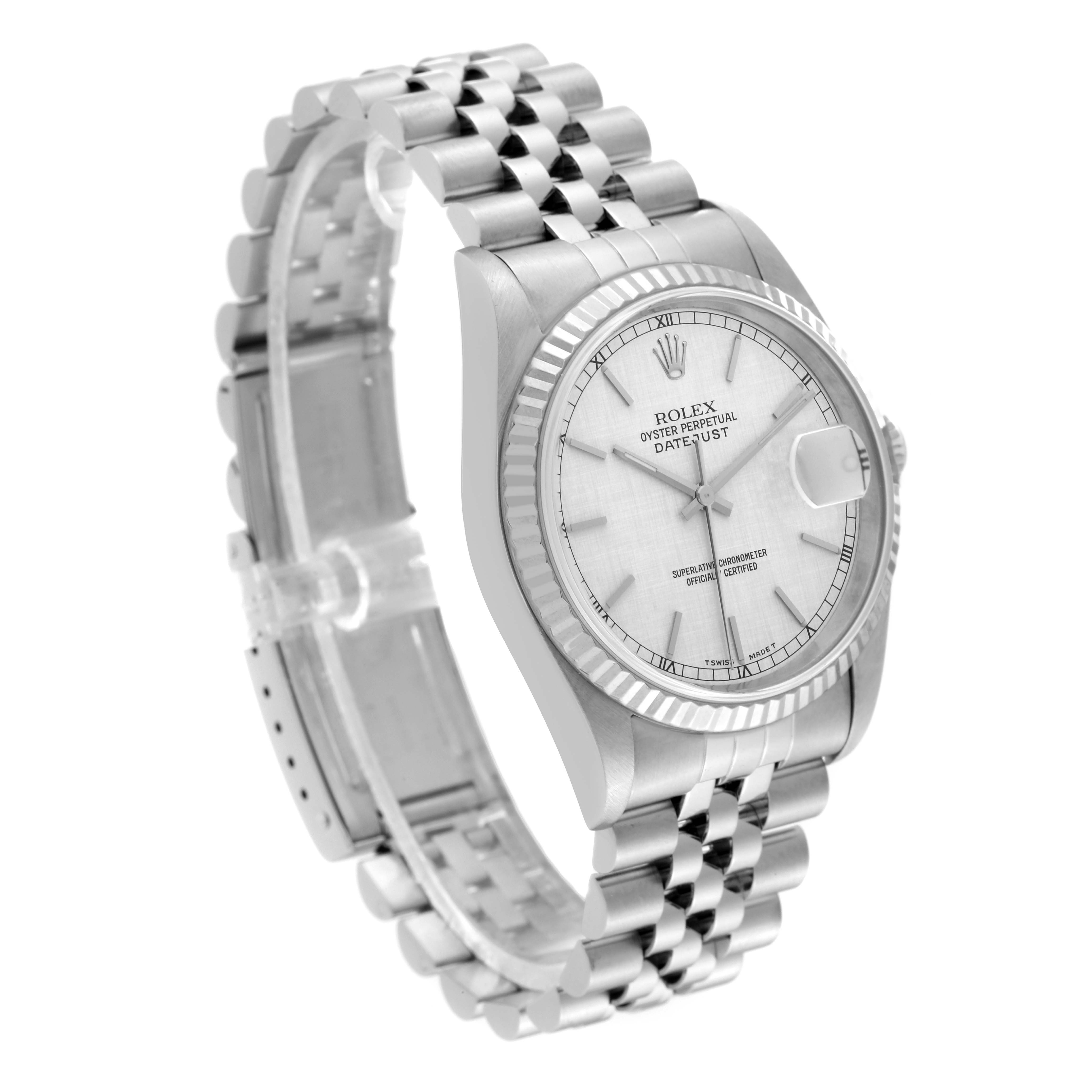 The Rolex Datejust 16234 Men's Stainless Steel Silver Dial 16234 Men's Stainless Steel Silver Dial watch is shown at a slight angle displaying the face, fluted bezel, and Jubilee bracelet.