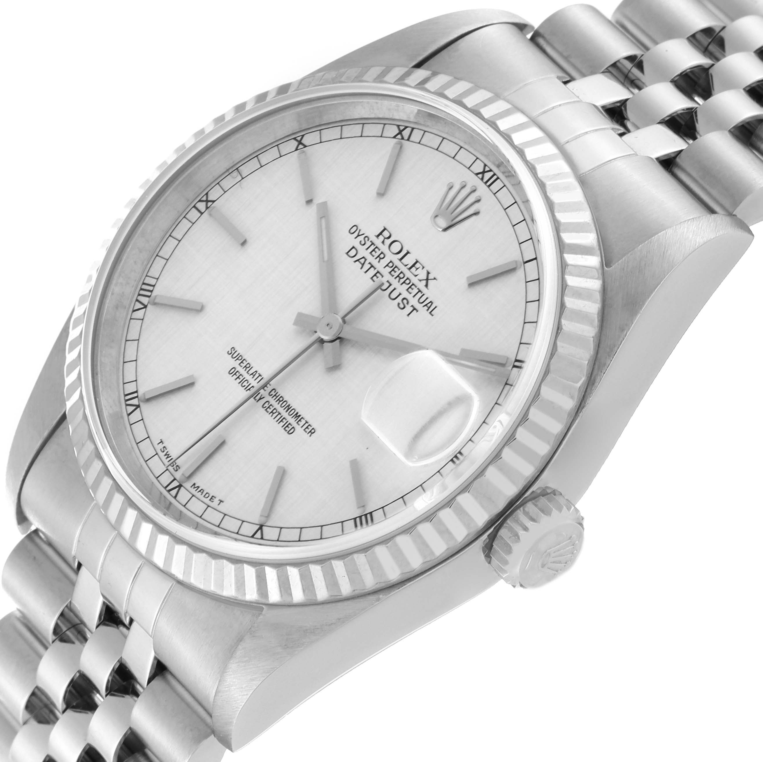 The image shows a Rolex Datejust 16234 Men's Stainless Steel Silver Dial 16234 Men's Stainless Steel Silver Dial watch at an angled close-up, highlighting the case, crown, dial, and bracelet.