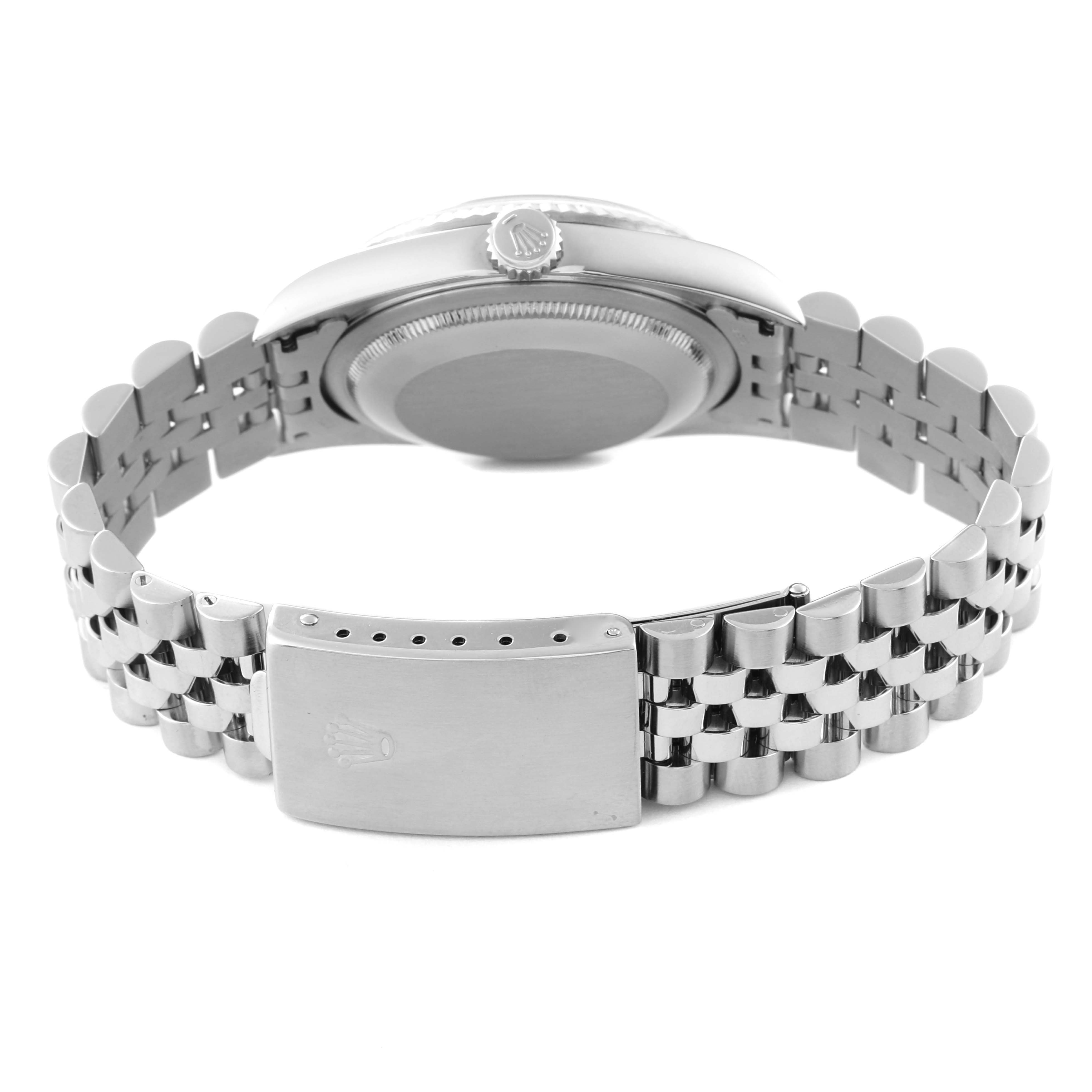 This image shows the back view of a Rolex Datejust 16234 Men's Stainless Steel Silver Dial 16234 Men's Stainless Steel Silver Dial watch, highlighting the bracelet and clasp.
