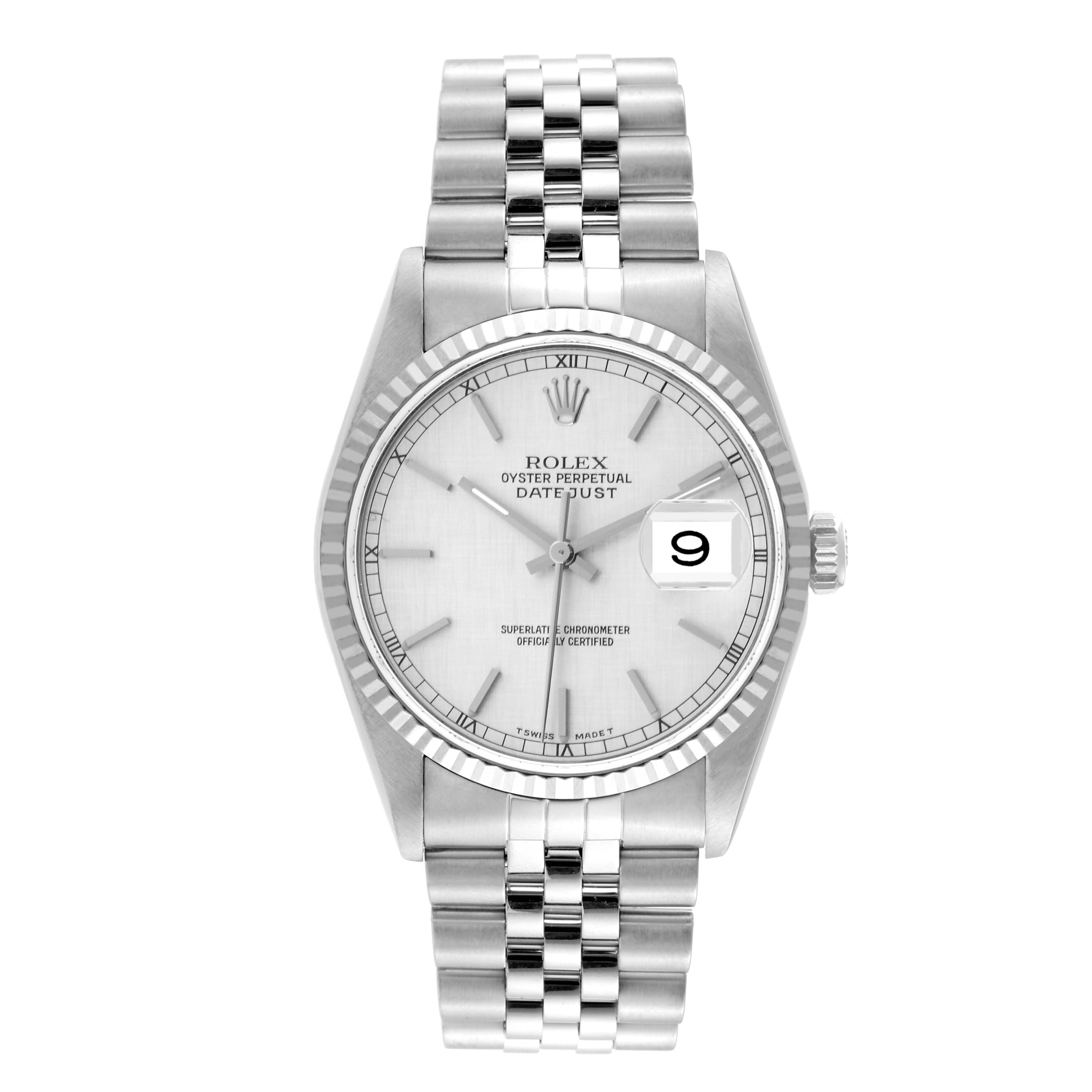 The image shows a front view of a Rolex Datejust 16234 Men's Stainless Steel Silver Dial 16234 Men's Stainless Steel Silver Dial watch, including its face, bezel, crown, and Jubilee bracelet.