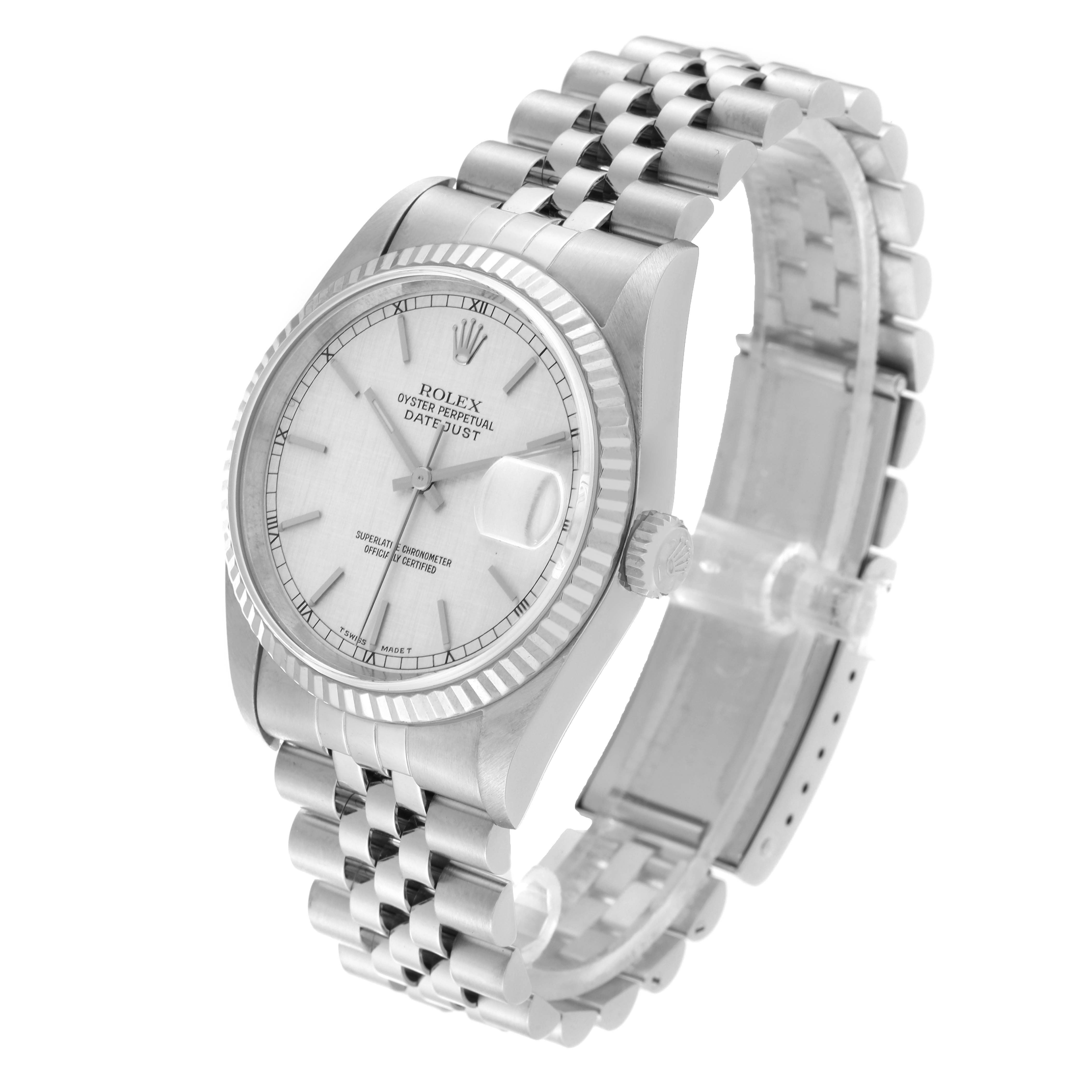 The image shows a Rolex Datejust 16234 Men's Stainless Steel Silver Dial 16234 Men's Stainless Steel Silver Dial watch, angled to feature the face, bezel, crown, and part of the bracelet.