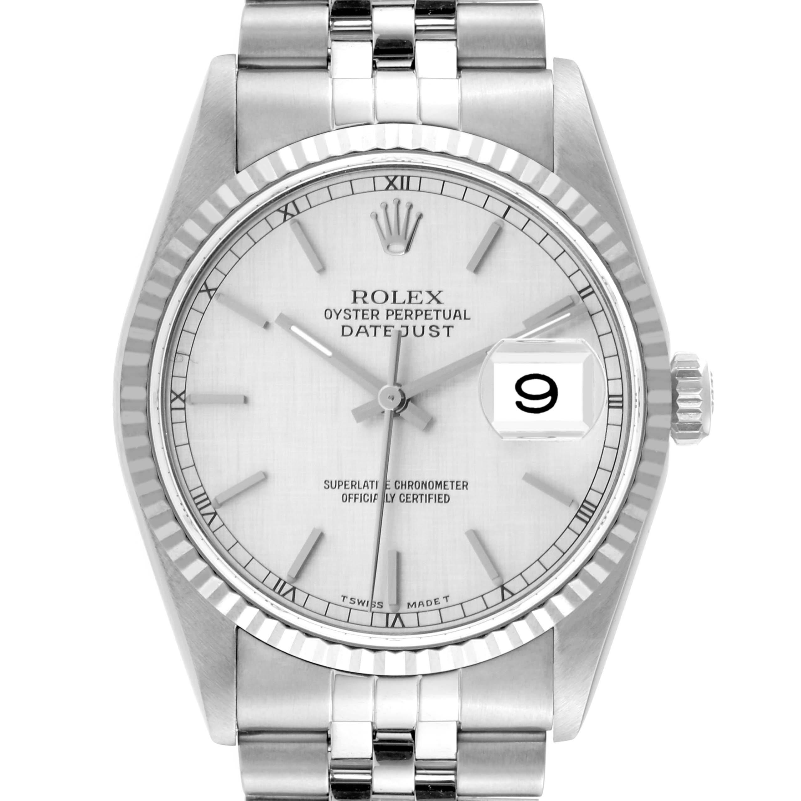 The image shows a front view of a Rolex Datejust 16234 Men's Stainless Steel Silver Dial 16234 Men's Stainless Steel Silver Dial watch, highlighting the dial, bezel, crown, and bracelet.