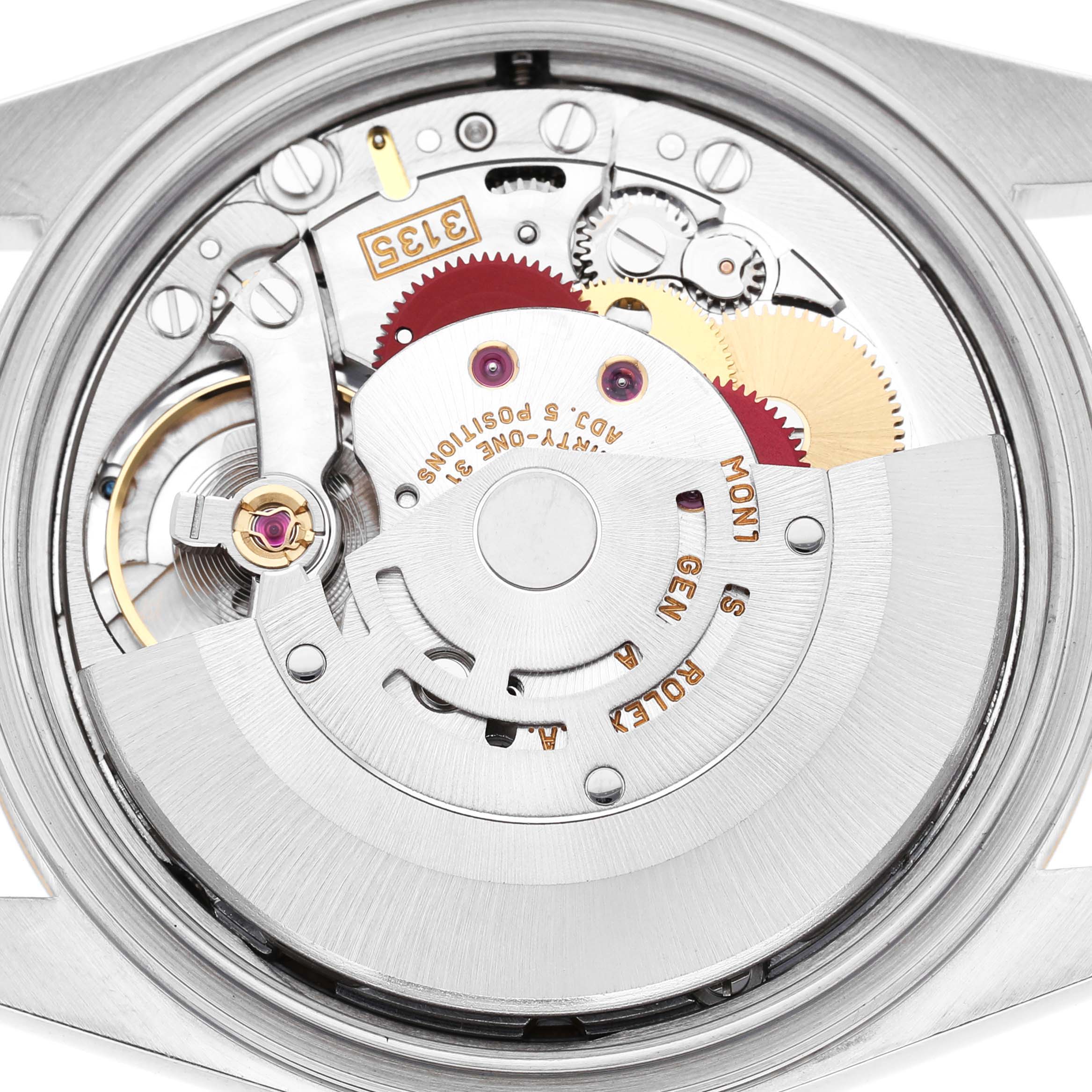 The image shows the movement's back of a Rolex Datejust 81443 Men's Steel and Gold (two tone) Champagne Dial watch, highlighting mechanical components.