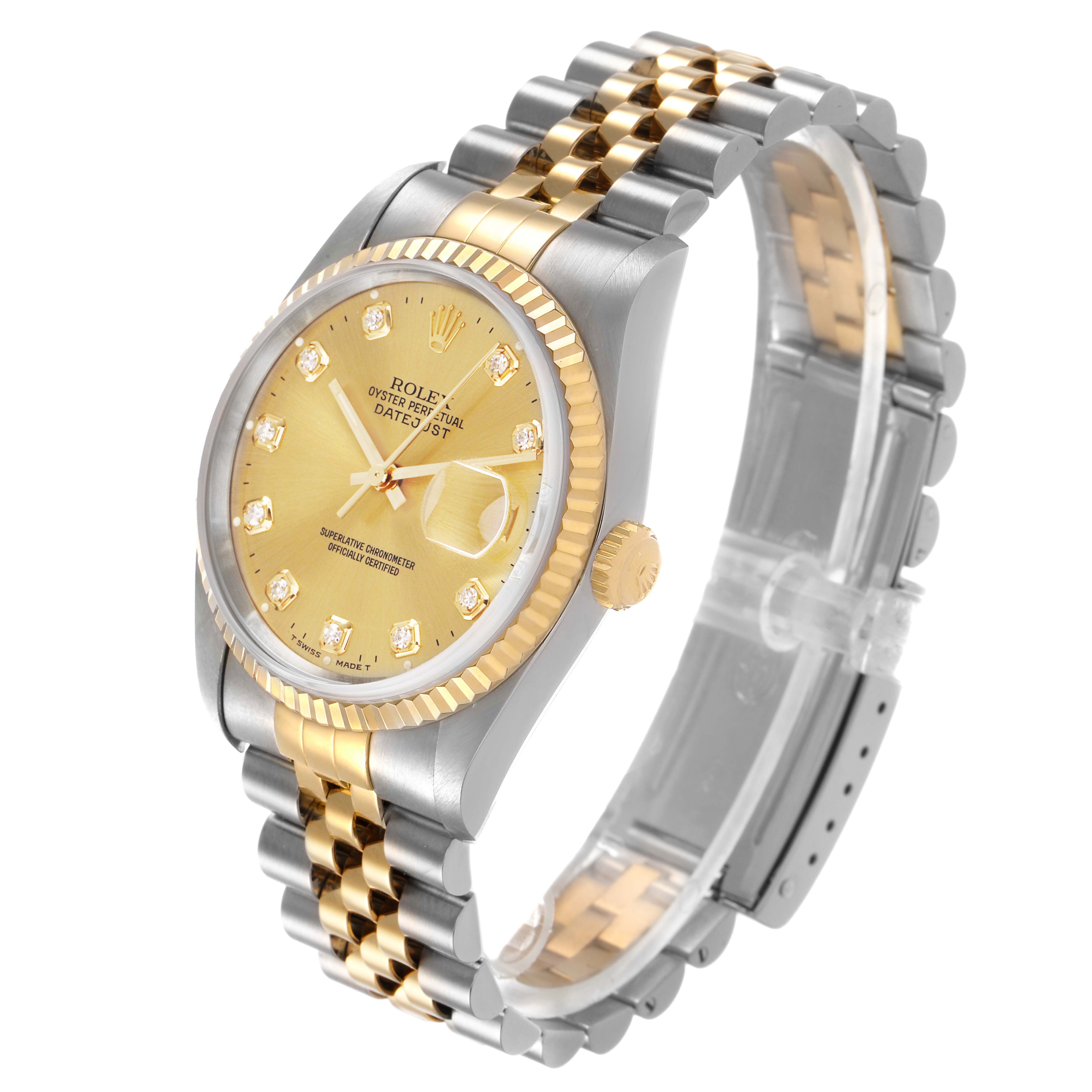 The Rolex Datejust 81443 Men's Steel and Gold (two tone) Champagne Dial watch is shown at an angle highlighting the face, bracelet, and crown.