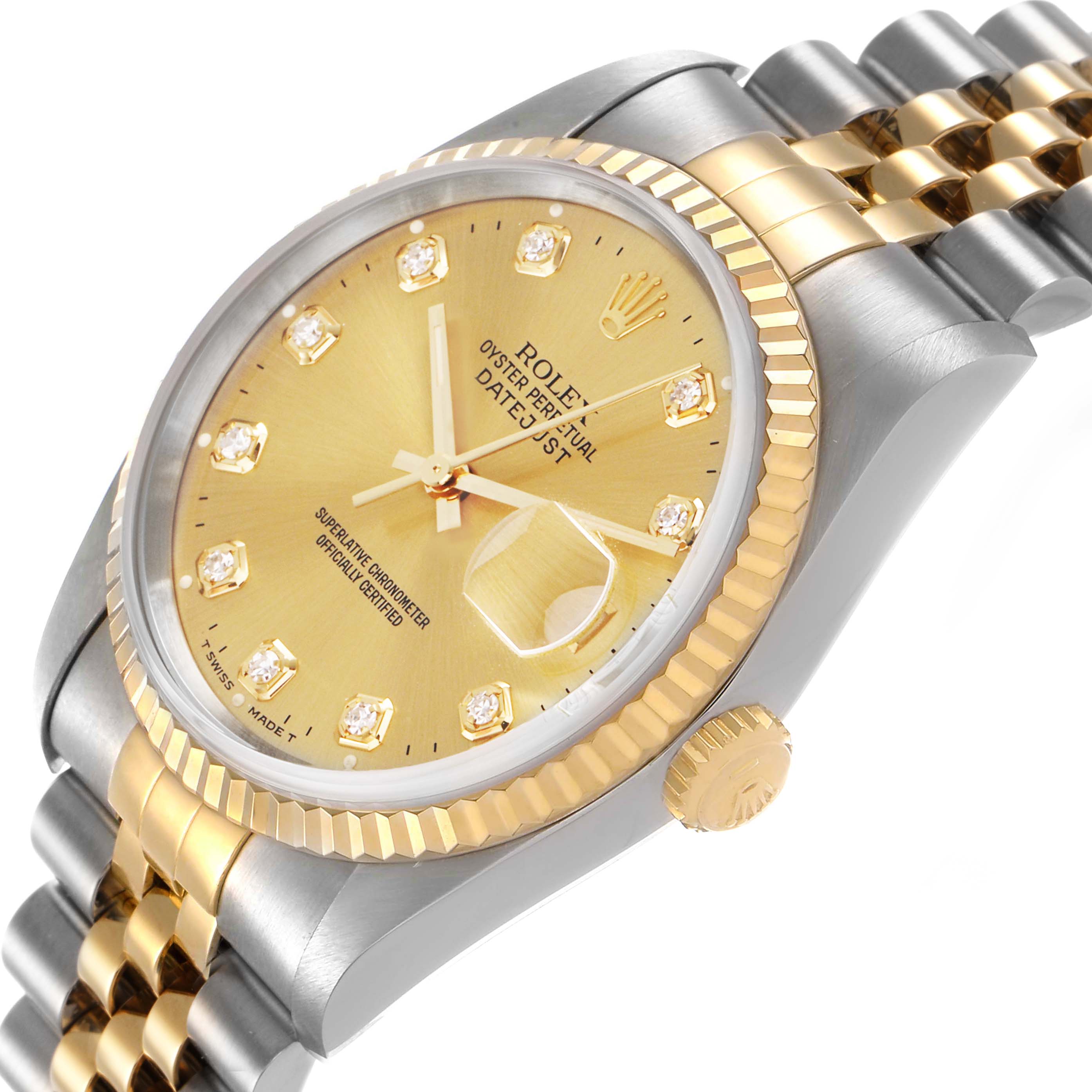 The Rolex Datejust 81443 Men's Steel and Gold (two tone) Champagne Dial watch is shown at an angled position highlighting the golden dial, fluted bezel, and two-tone bracelet.