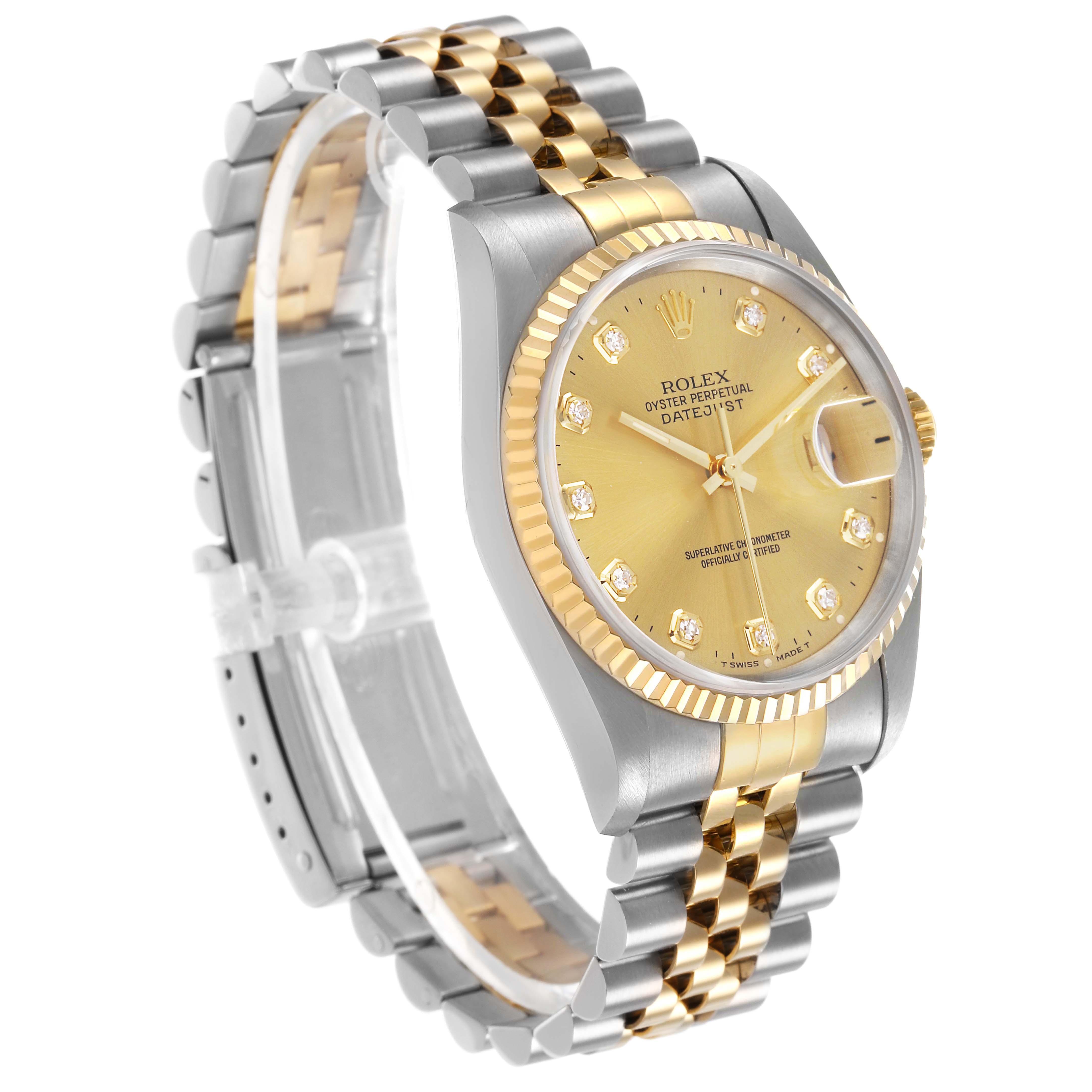 The Rolex Datejust 81443 Men's Steel and Gold (two tone) Champagne Dial watch is shown at a three-quarter angle, displaying the gold dial, fluted bezel, and two-tone bracelet.