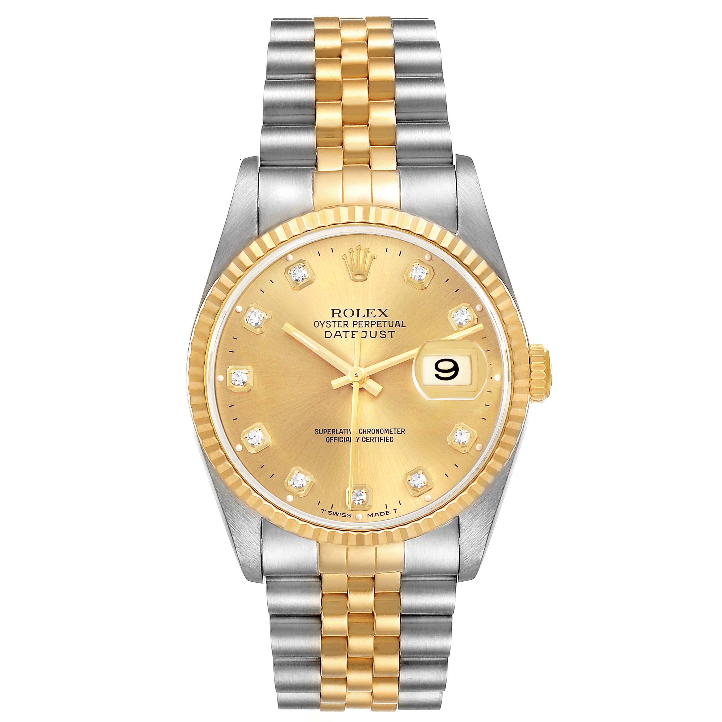 The Rolex Datejust 81443 Men's Steel and Gold (two tone) Champagne Dial watch is shown from a top-down angle, displaying the dial, bezel, and bracelet.