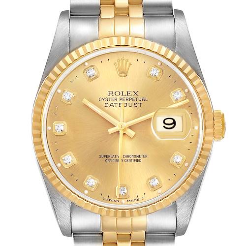 The Rolex Datejust 81443 Mens Steel and Gold (two tone) Champagne Dial watch is shown from a front angle, highlighting the gold dial, diamond markers, fluted bezel, and two-tone bracelet.