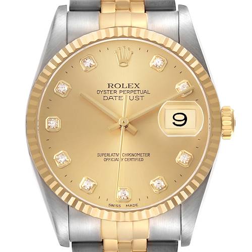 The Rolex Datejust 16233 Mens Steel and Gold (two tone) Champagne Dial watch is shown from the front, highlighting the dial, fluted bezel, and jubilee bracelet.