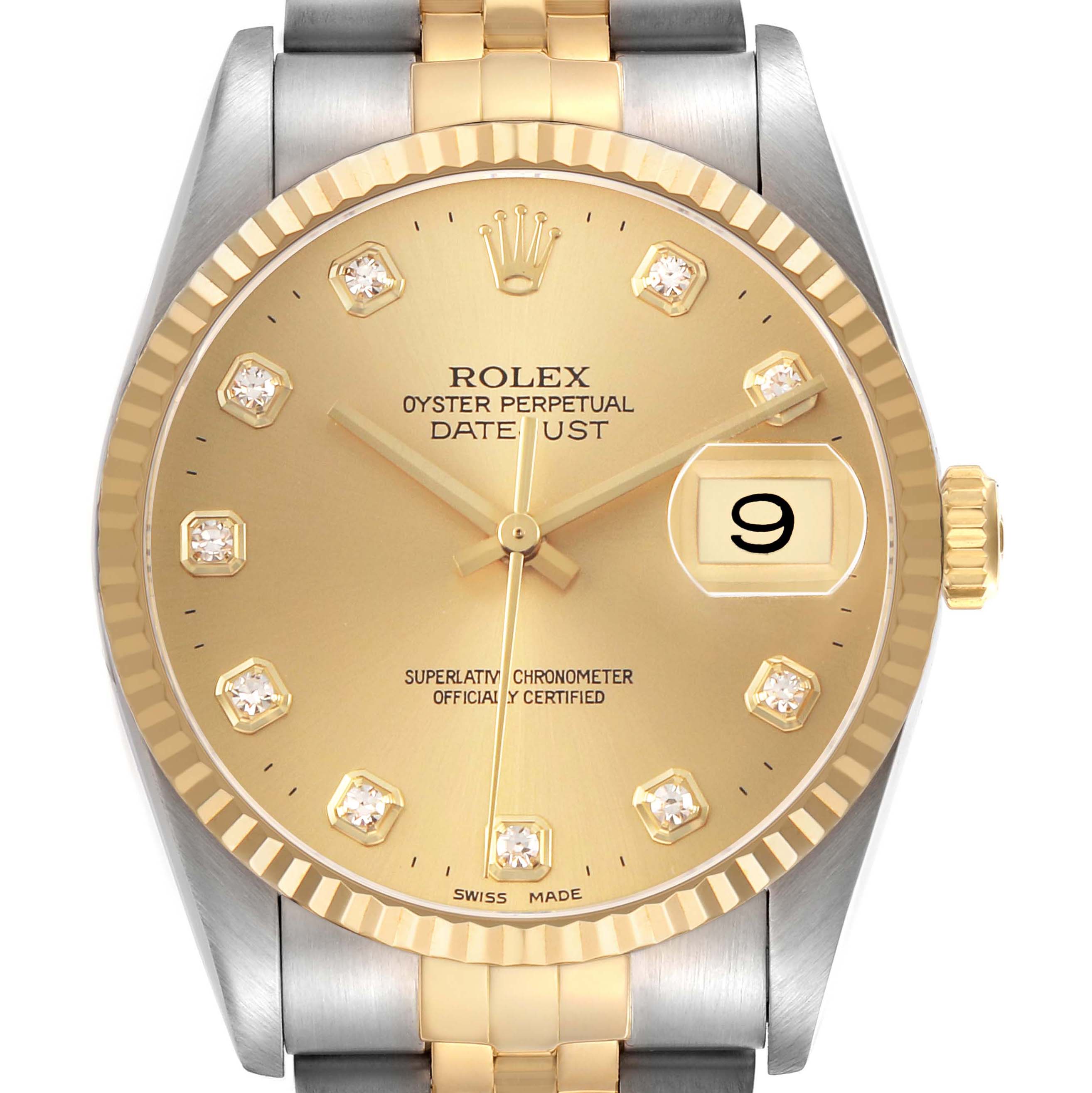 The Rolex Datejust 16233 Men's Steel and Gold (two tone) Champagne Dial is shown from the front, highlighting the face, bezel, date window, and part of the bracelet.