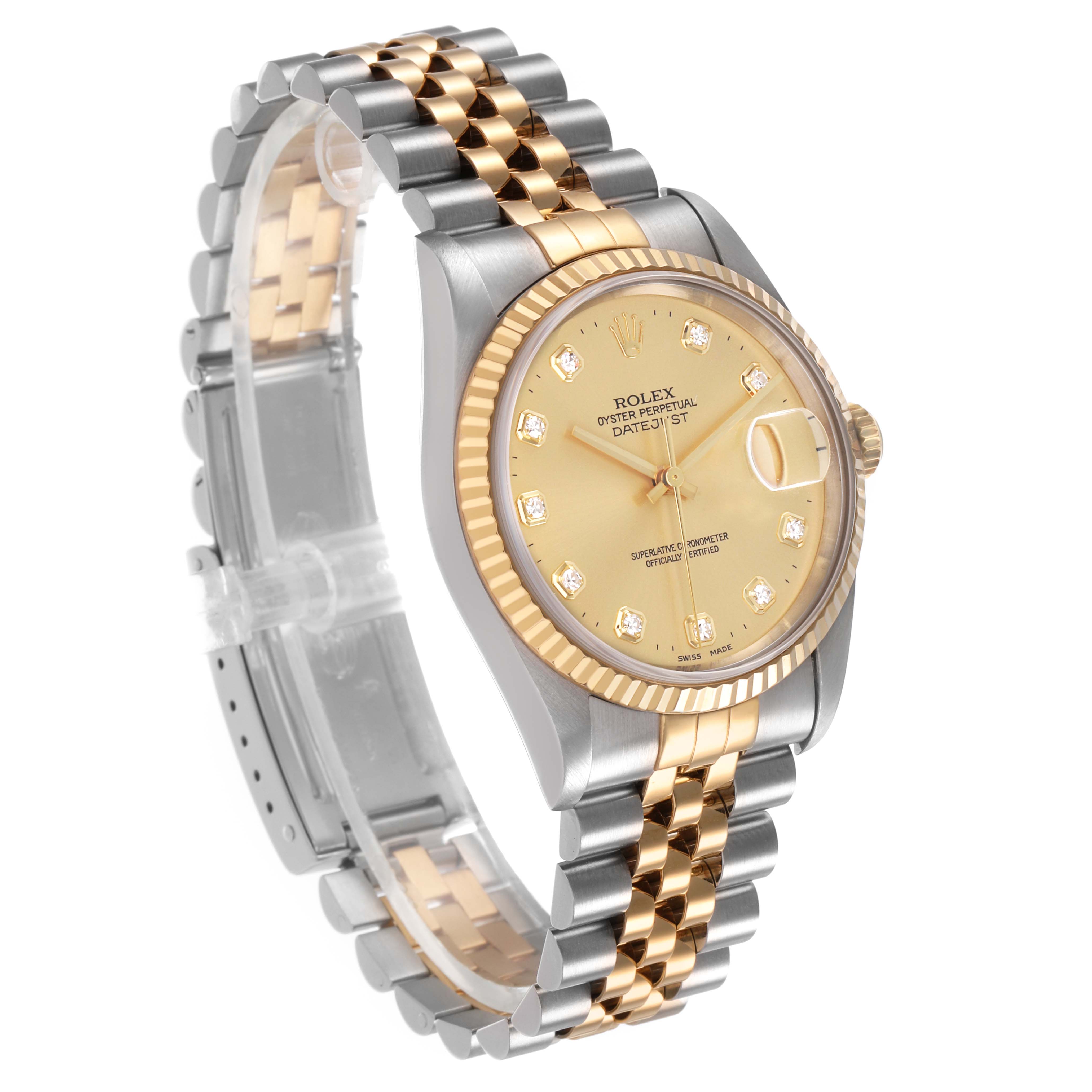 The Rolex Datejust 16233 Men's Steel and Gold (two tone) Champagne Dial watch is shown at a three-quarter angle, highlighting the bezel, dial, bracelet, and crown.