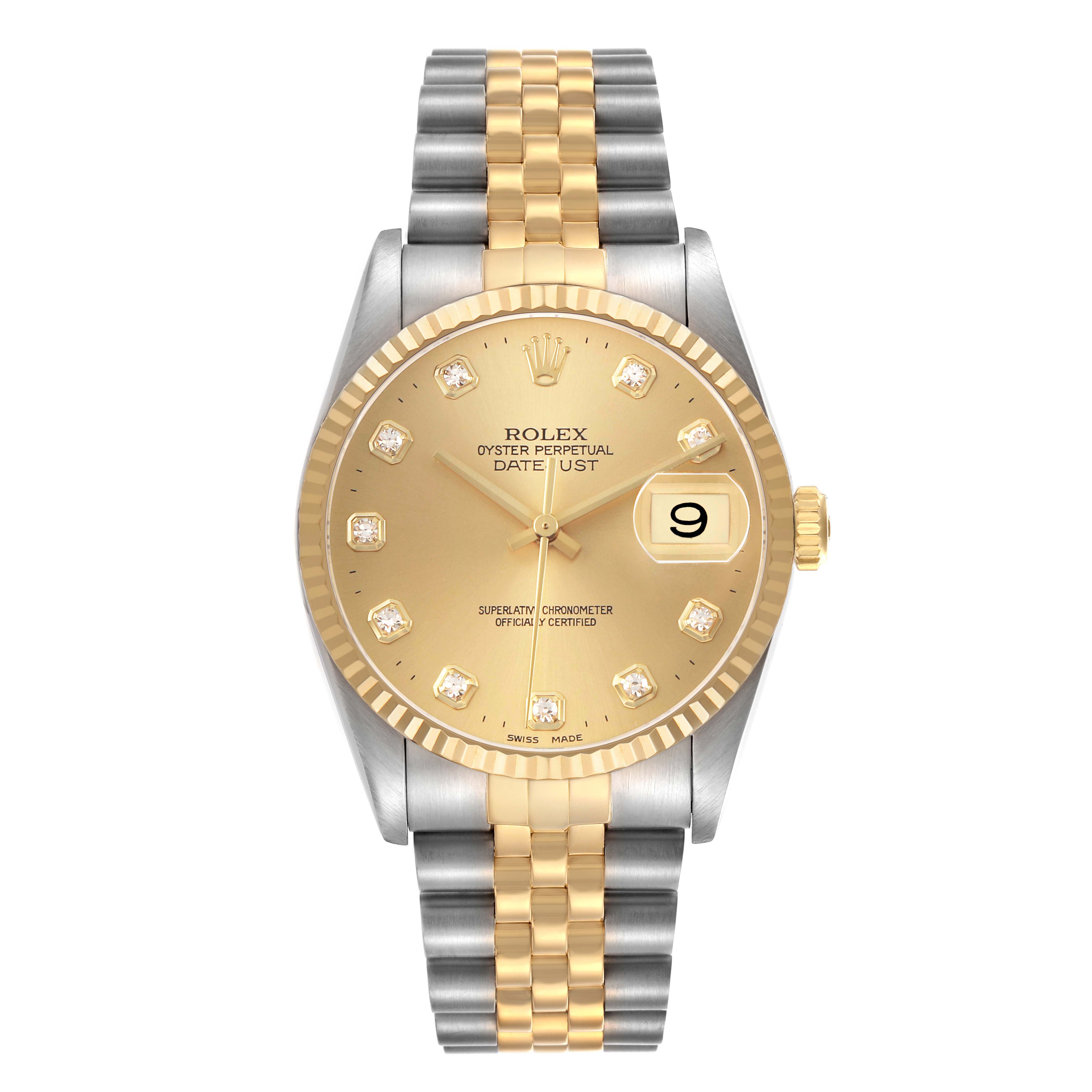 The Rolex Datejust 16233 Men's Steel and Gold (two tone) Champagne Dial watch is shown from the front, highlighting its gold dial, diamond hour markers, and two-tone bracelet.